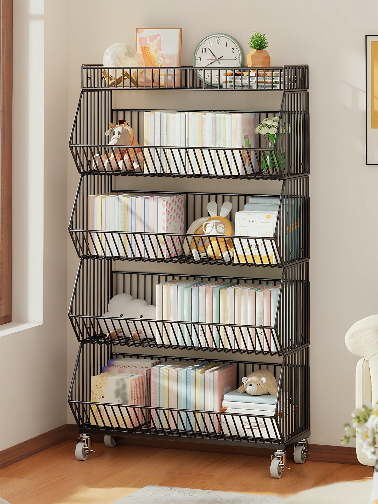 Rjdjbflc Commercial Supermarket Display Cart - 5-Tier Industrial Slanted Rolling Shelves Metal Storage Rack for Retail Store, Warehouse & Home Use, 55LBs/Tier Tool-Free Setup