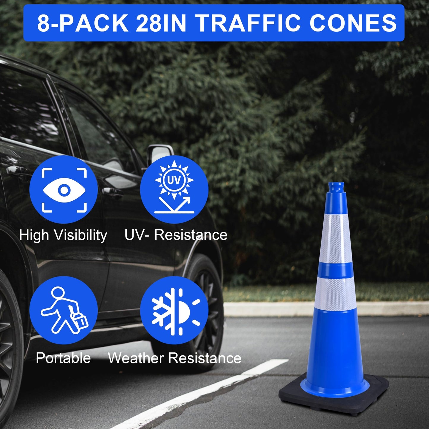 OrangeStar 28" Traffic Cones 8-Pack Blue Safety Cones with Reflective Collars, Heavy Duty Base for Construction, Parking Lot, Road Work, Flexible PVC, Indoor & Outdoor Use