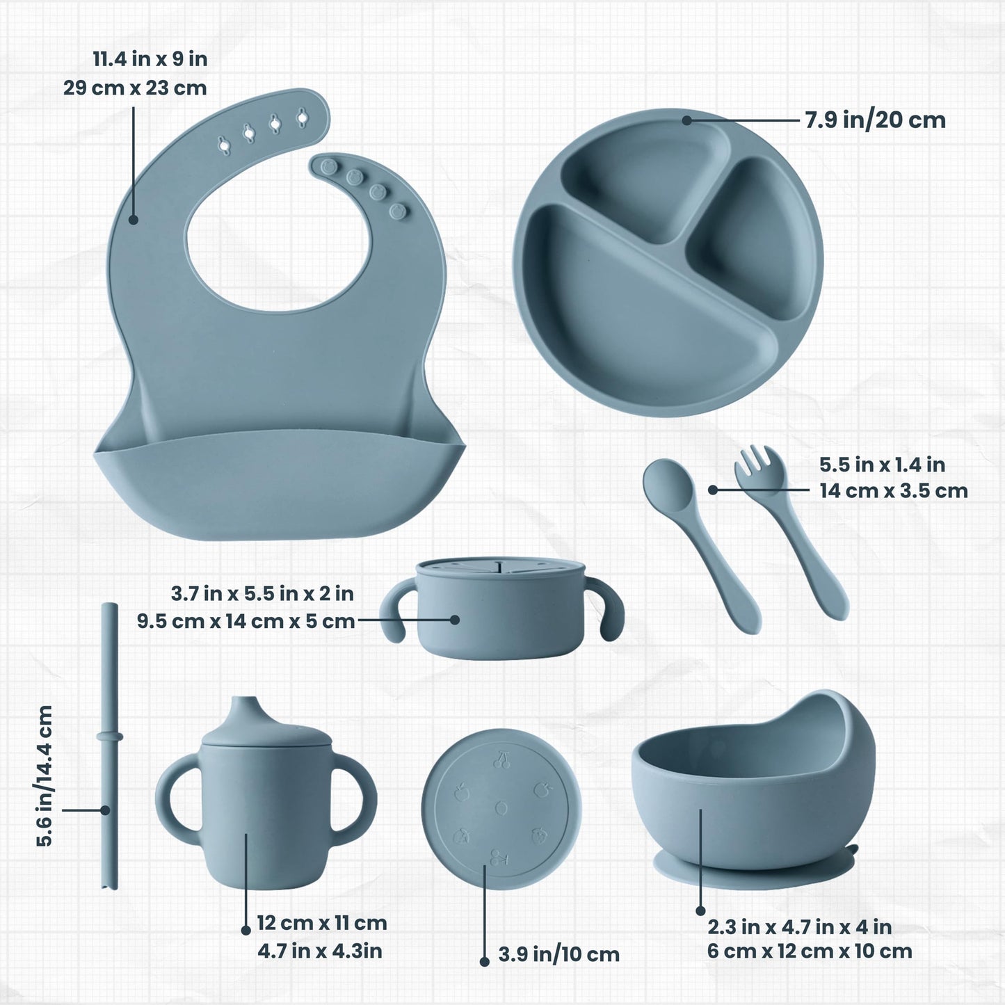Silicone Baby Feeding Set 7-Piece Baby-Led Weaning Kit with Suction Plate & Bowl, Snack & Straw Cup with Handles, Bib & Utensils | BPA-Free, Microwave & Dishwasher Safe | Smoky Blue