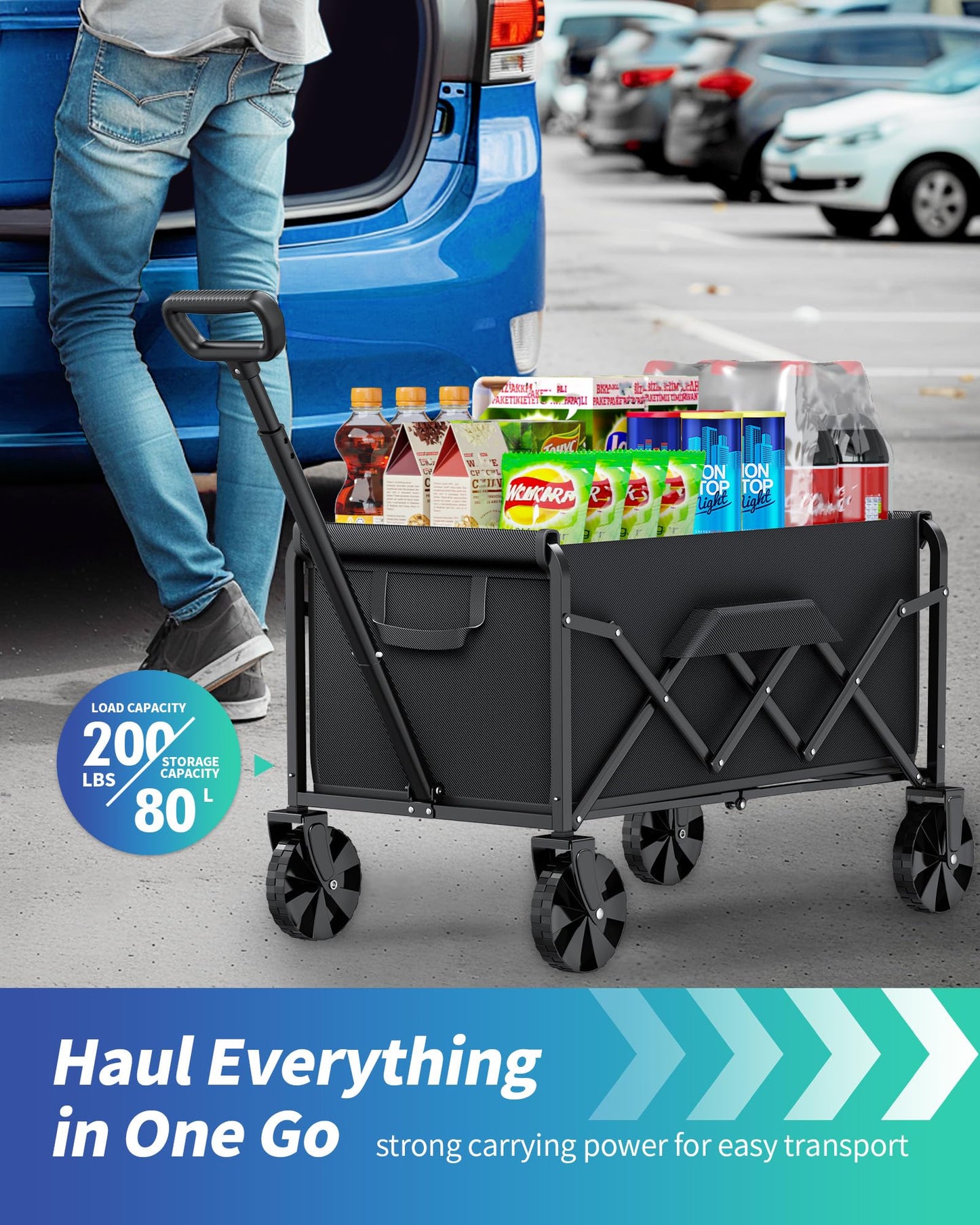 Kitsure Collapsible Wagon with Wheels, Foldable Dog Wagon Carts with 200lbs Load Capacity, Utility Shopping Cart, Black, 28.0" x 17.0" x 36.0"