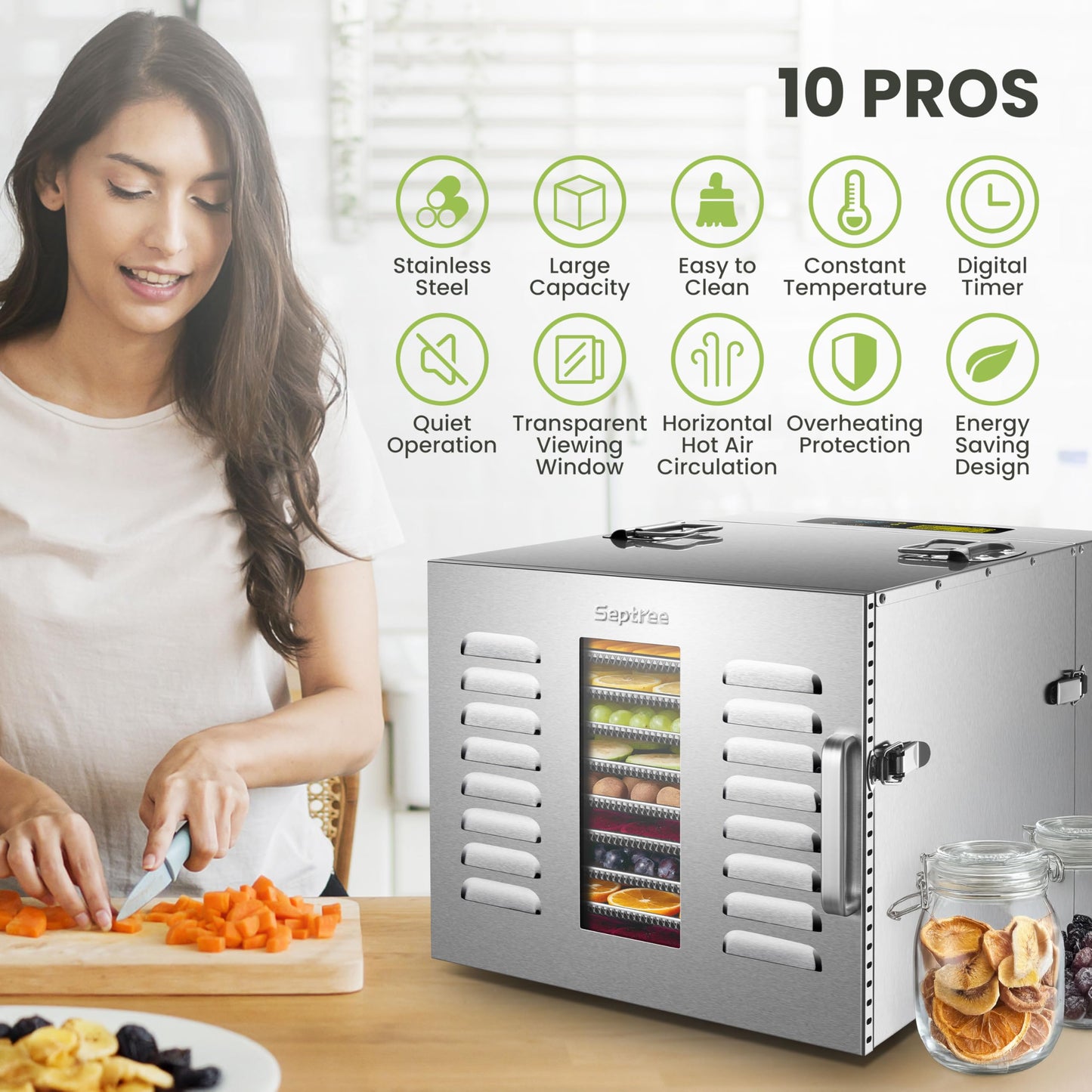 Commercial 10 Trays Food Dehydrator Machine for Jerky and Herbs Usable Area up to 24.65ft² and 194℉ Temperature 1000W Detachable Stainless Steel Dryer for Meat Fruit Mushrooms Beef Food Dark Silver