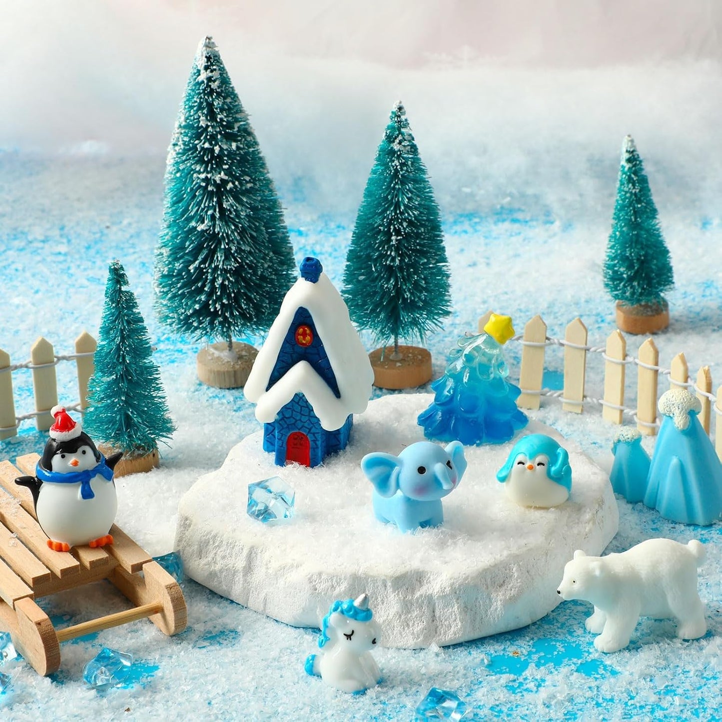 PETKNOWS Miniature Winter Figurines - Blue Theme Ice Cube Ornaments for Christmas Desktop Decor