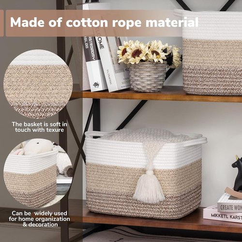 Goodpick Woven Storage Basket - 13"x10"x9" Cotton Rope Organizer for Dog Toys & Books | Stylish Gradient Brown Gift Basket with Handles