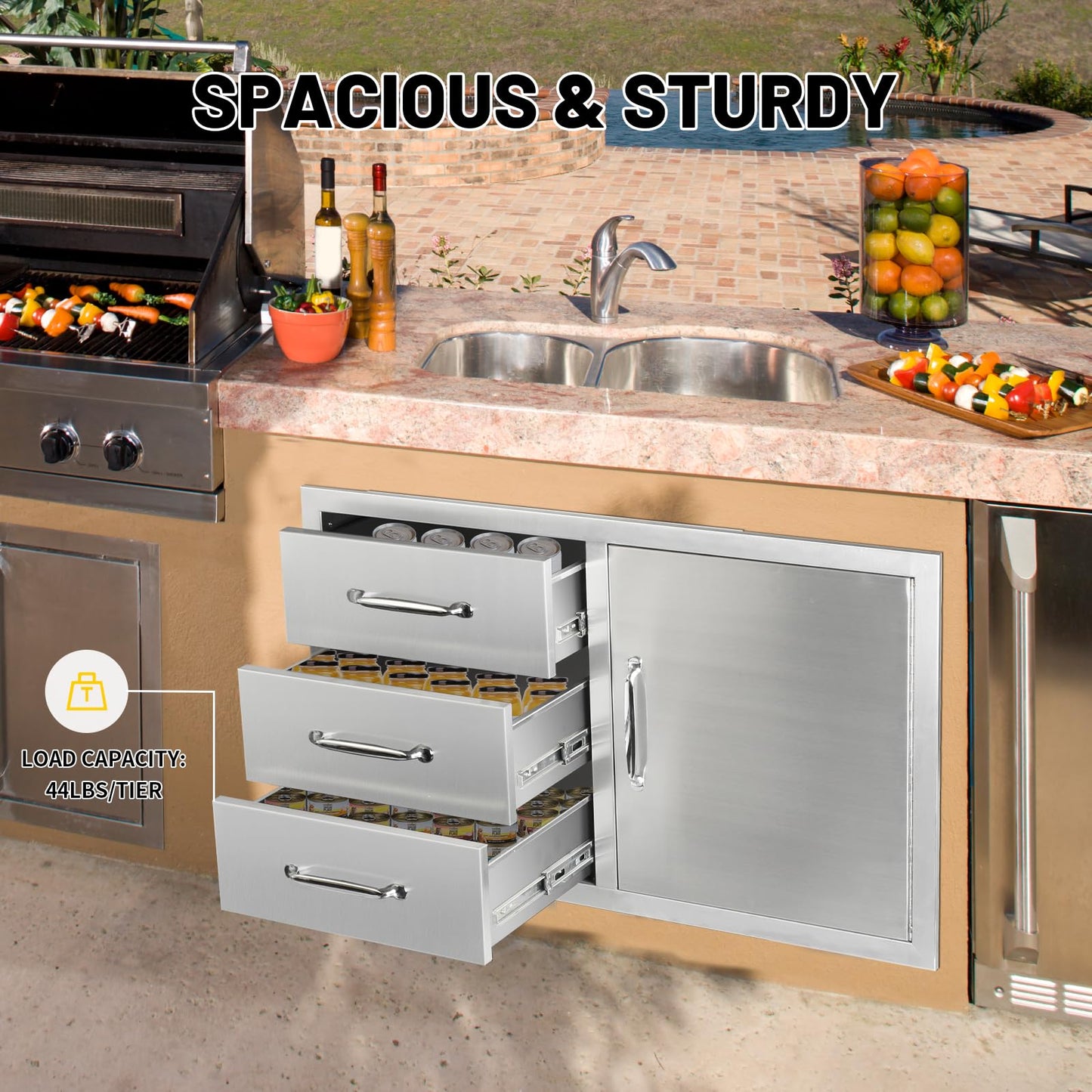 SGOLAN Outdoor Kitchen Door Drawer Combo Cabinet 38.1W x 22.6H x 20.8D BBQ Access Door&Triple Drawers Combo, Stainless Steel Handles for Outdoor Kitchen Island
