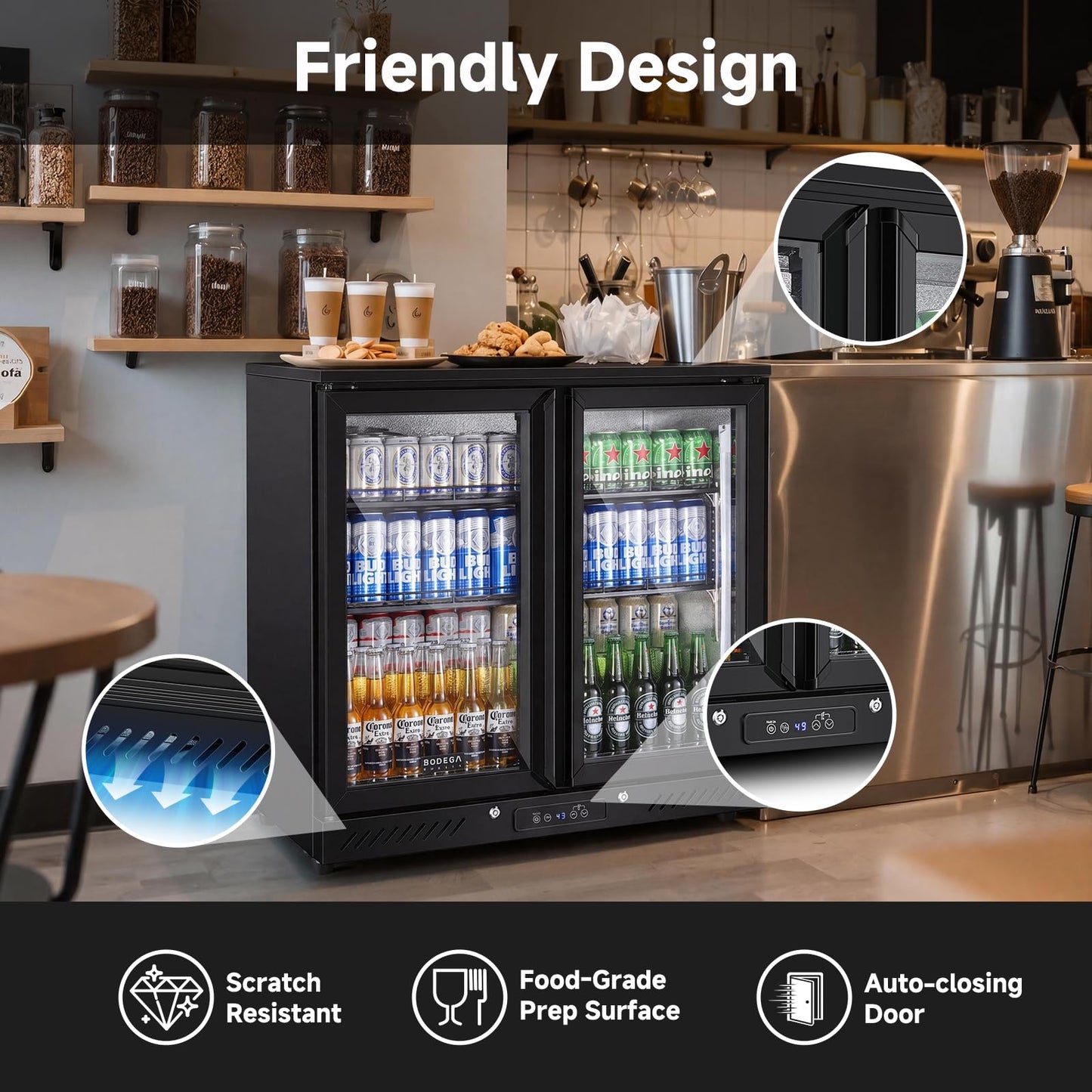 BODEGACOOLER 2 Door Back Bar Cooler, 7.4 Cu.Ft Commercial Beverage Refrigerator, Under Counter Drink Fridge with Glass Doors, Holds 209 Cans/117 Bottles, LED Lighting, Stainless Steel Top & Casters