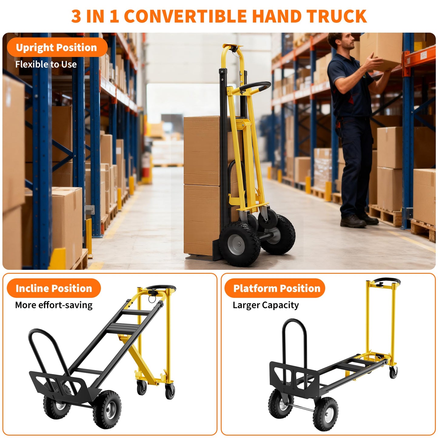3 in 1 Dolly Cart with Wheels, 800Lbs Capacity, Heavy Duty Folding Hand Truck, Rolling Utility Cart for Transport and Moving in Home, Office, Warehouse, Supermarket