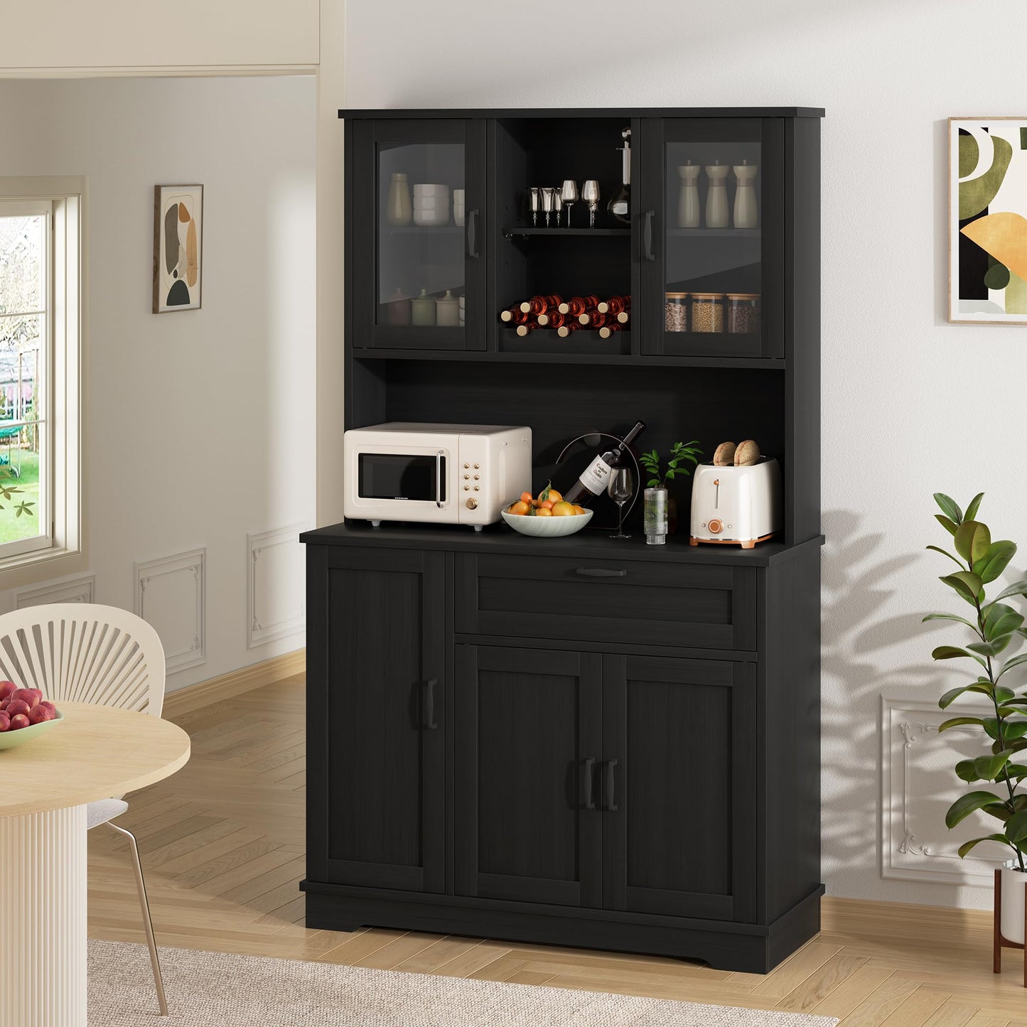 Shintenchi Kitchen Pantry Storage Cabinet, Freestanding Buffet Cabinet with Microwave Stand & 4 Door Shelves, Kitchen Hutch with Doors, Adjustable Shelves and Wine Rack, Black