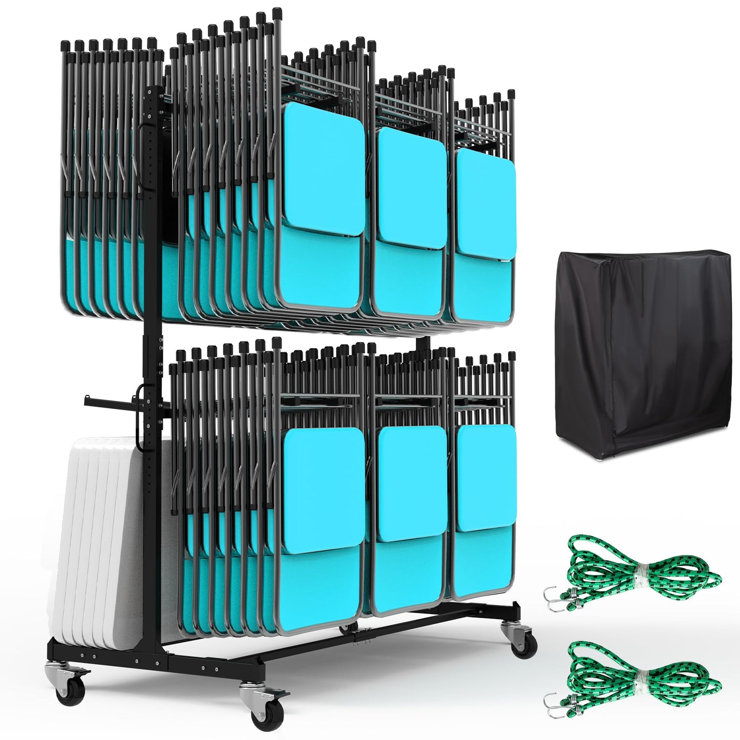Eastrexon Updated Folding Chair Rack, Heavy-Duty Folding Chair Cart w/ 4 Swivel Wheels, Holds 12 Tables or 84 Chairs, Up to 1000 LBS Capacity, 2 Binding Ropes, 1 Dust Cover, 72“L x 33”W x 74”H, Black