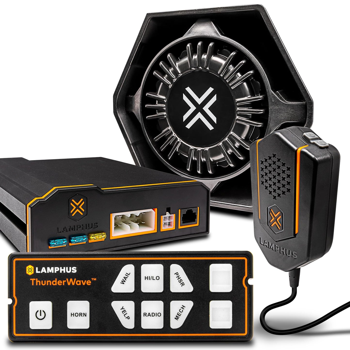 LAMPHUS ThunderWave 100W Emergency Police Siren Speaker Kit [Remote Control][2x15A Aux Light Switch][Hands-Free Air Horn][Radio Broadcast] 12V Warning PA System for Emergency Vehicle Pickup Truck UTV