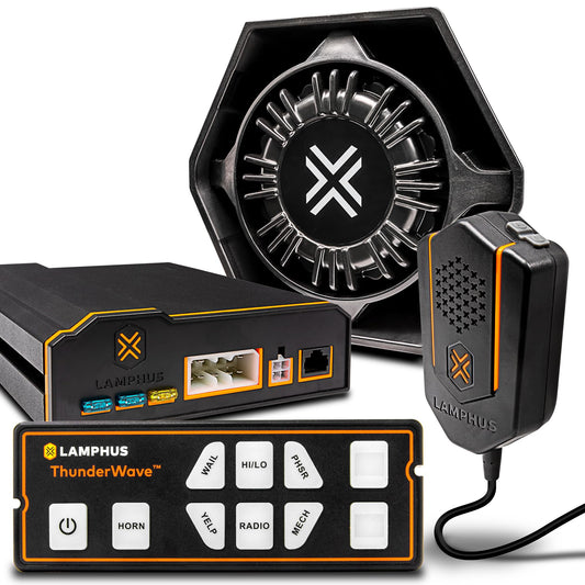 LAMPHUS ThunderWave 100W Emergency Police Siren Speaker Kit [Remote Control][2x15A Aux Light Switch][Hands-Free Air Horn][Radio Broadcast] 12V Warning PA System for Emergency Vehicle Pickup Truck UTV