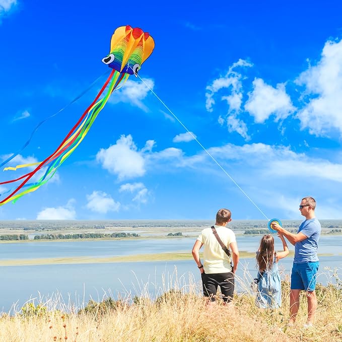 Xida Octopus Kite for Kids Ages 4-8, Professional Kites for Beginners and Adults, Easy to Fly Beach Kites for Boys and Girls, Long Colorful Tail with 200ft Line, Large Kite for Outdoor Family Games