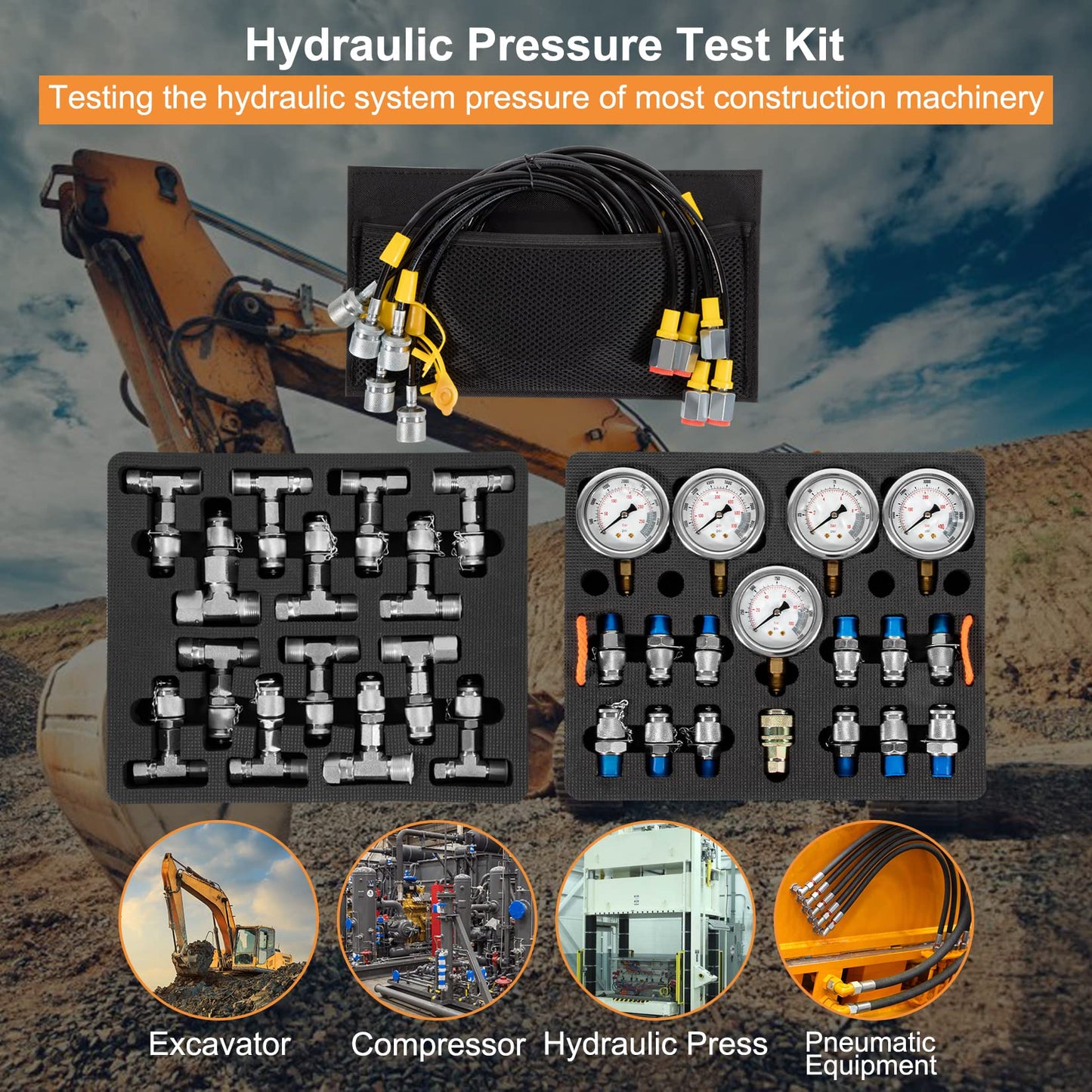 yourour Hydraulic Pressure Test Kit, 150/1500/3500/6000/9000 PSI, 5 Gauges, 13 Test Couplings, 14 Tee Connectors, 5 Test Hoses, with Sturdy Carrying Case for Construction Machinery Excavator