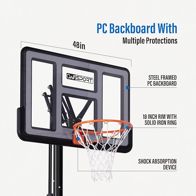Portable Basketball Hoop Outdoor, 4.8-10FT Height Adjustable Basketball Hoop Goal System with 44/48 Inch Impact Backboard and Portable Wheels for Adults