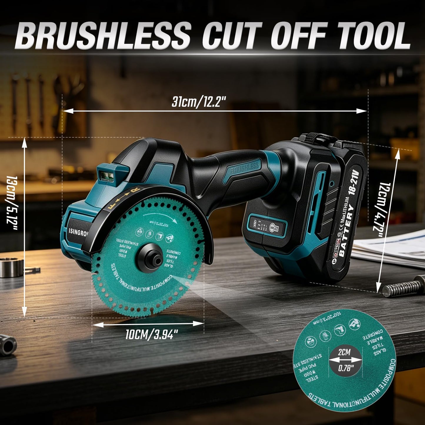 ISINGROWTH Cordless Cut Off Tool with 2 Batteries, 4-Inch 21V Brushless Mini Saw Kit, 3-Speed Multi-Material Cutter for Metal Wood Tile PVC, LED Light for DIY Repairs