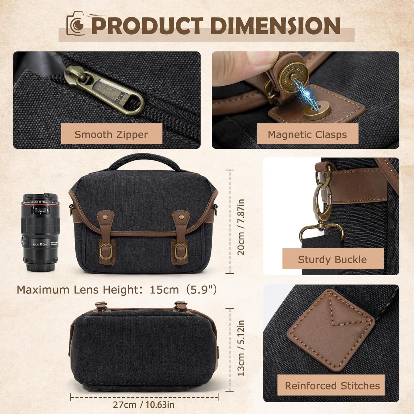RAINSMORE Canvas Camera Bag, DSLR/SLR/Mirrorless Small Camera Sling Bags Cross-body Camera Case, Compact Shoulder Bag