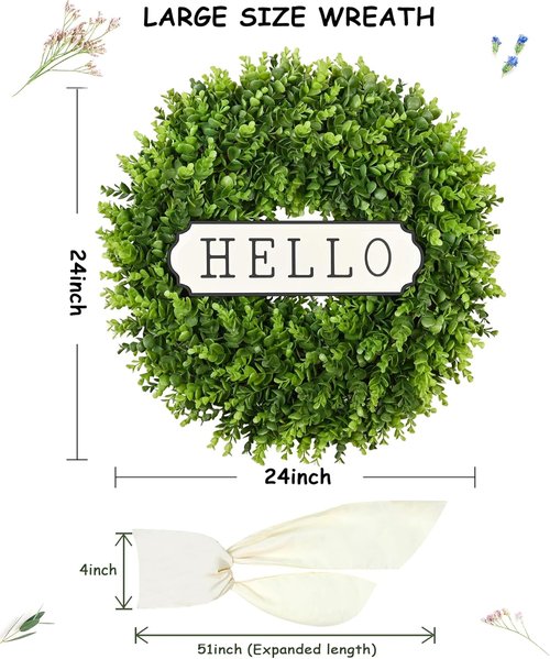 DDHS Large Boxwood Wreath - 24'' Artificial Spring Decor for Front Door | Year-Round Indoor/Outdoor Use