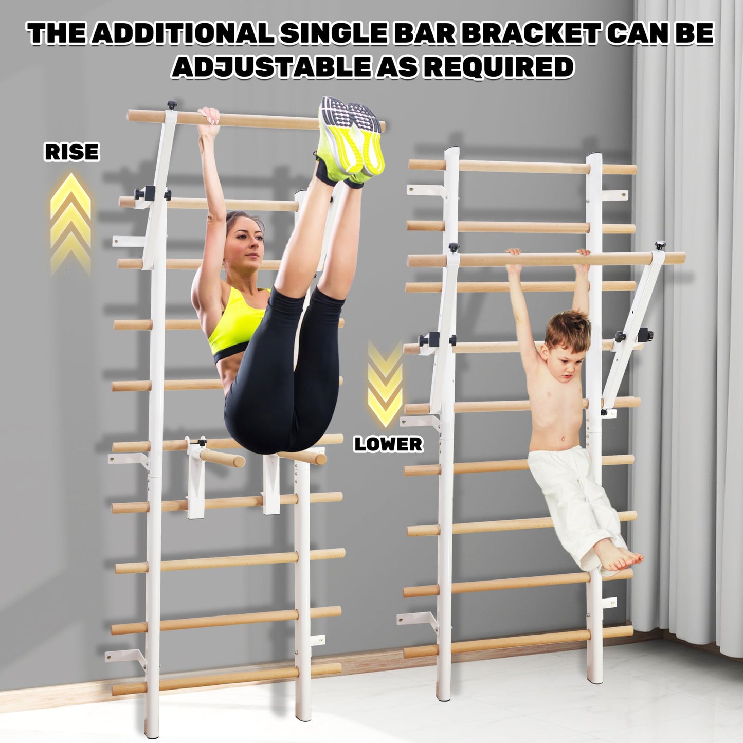 PreGymnastic Stall Bars, Swedish Ladder for Adult and Kids, Wall Bar with Solid Beech Wood Rods, Durable Steel Frame, Adjustable Pull Up and Dip for Strength, Flexibility at Home Gym, Studio
