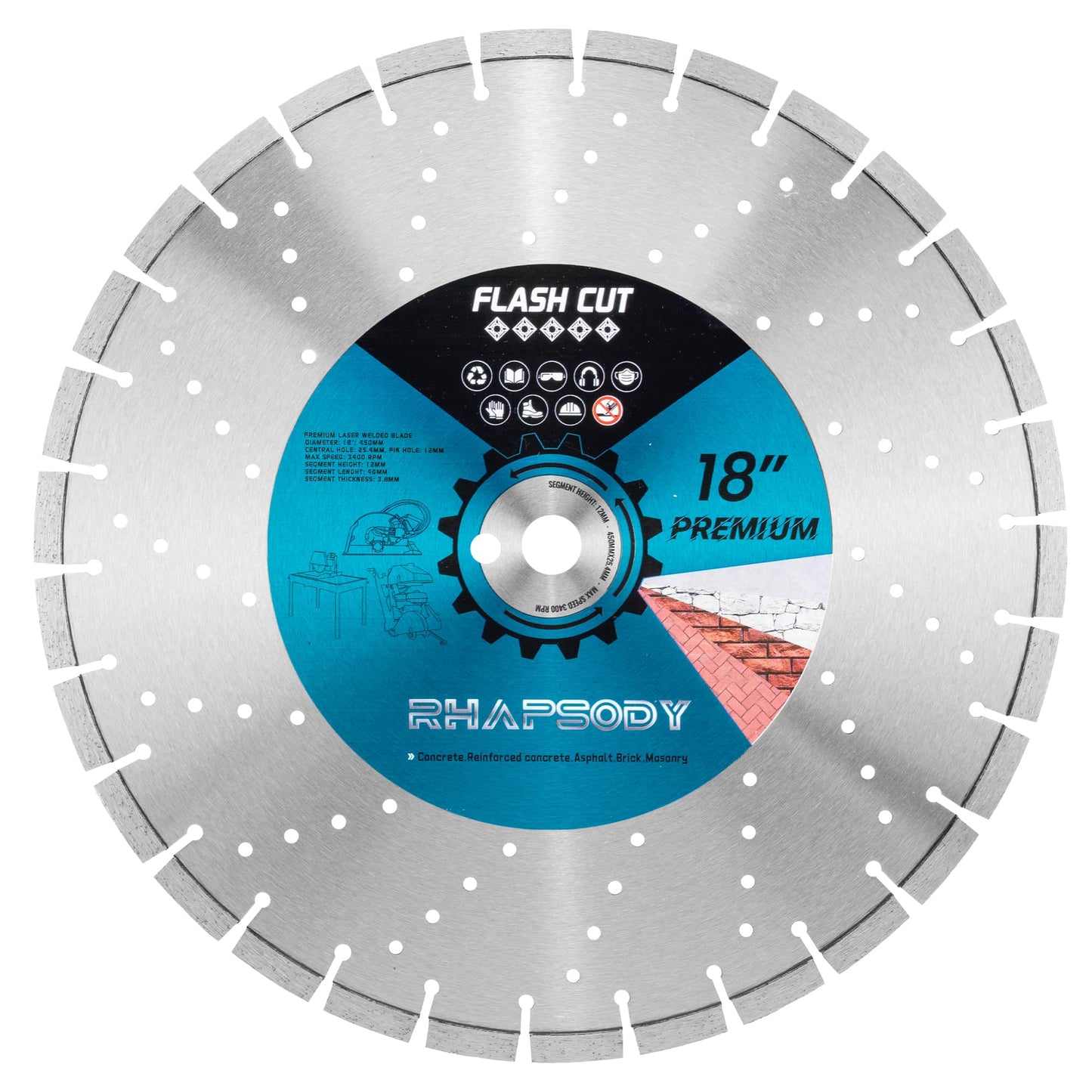 RHAPSODY 18 Inch Laser Welded Diamond Saw Blade, Segmented Premium Diamond Blade General Purpose Dry/Wet Cutting Concrete, Reinforced Concrete, Masonry, Brick, Block, Stone 1" Arbor