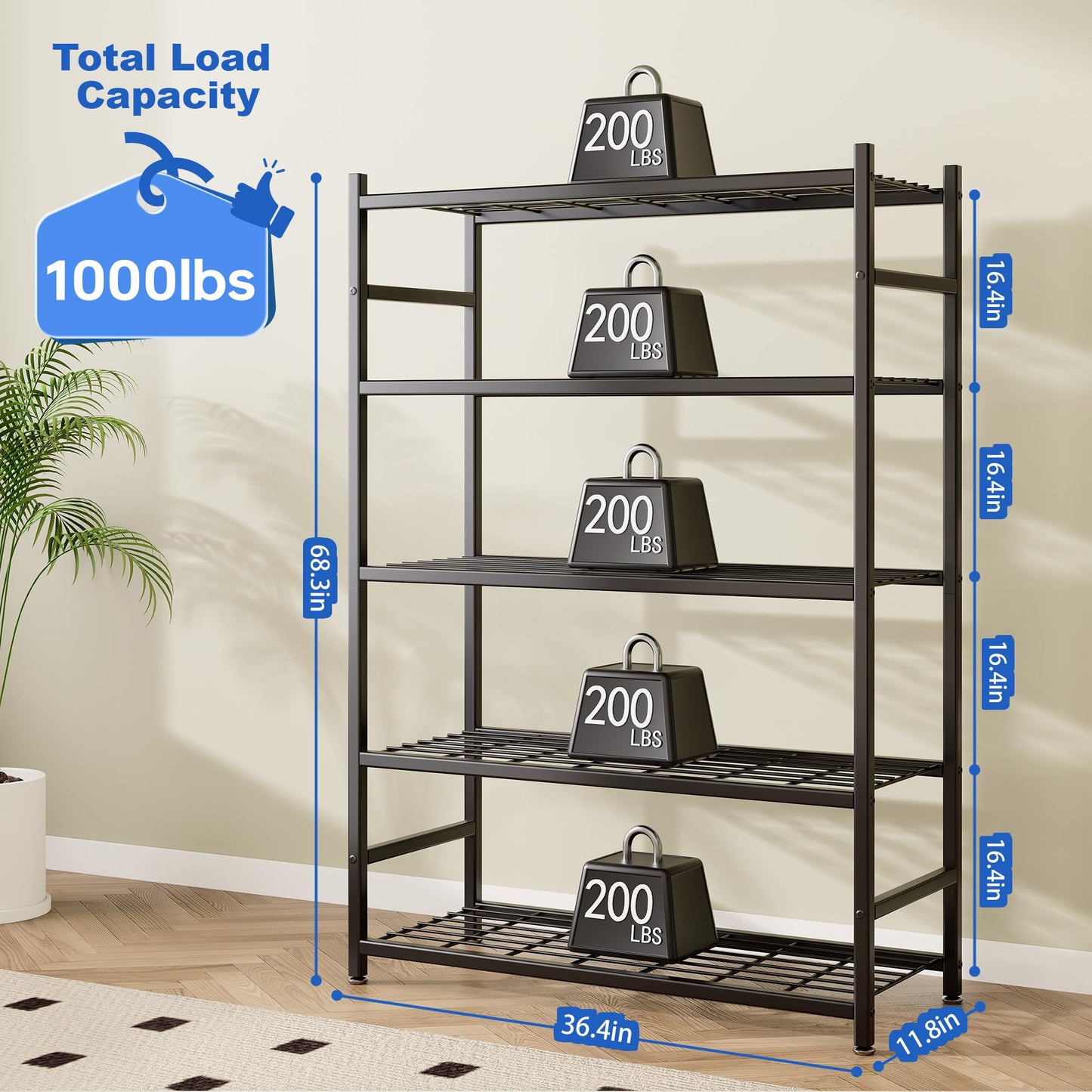 Tujurich 36.4" W Storage Shelves, 5-Tier Metal Shelving Unit with Adjustable Feet, Shelf Organizer for Garage, Kitchen, Pantry and Closet Organization, 36.4" x 11.8" x 68.3", Black
