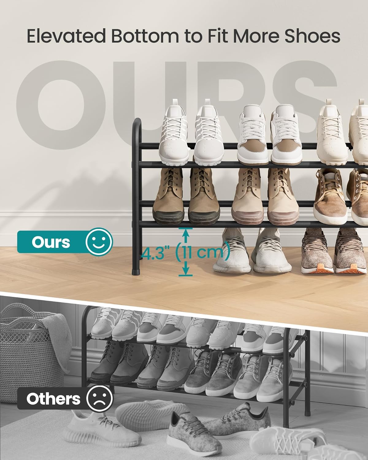 SONGMICS Expandable Shoe Rack - Adjustable 2-Tier Organizer for 15 Pairs - Metal Storage Solution in Ink Black