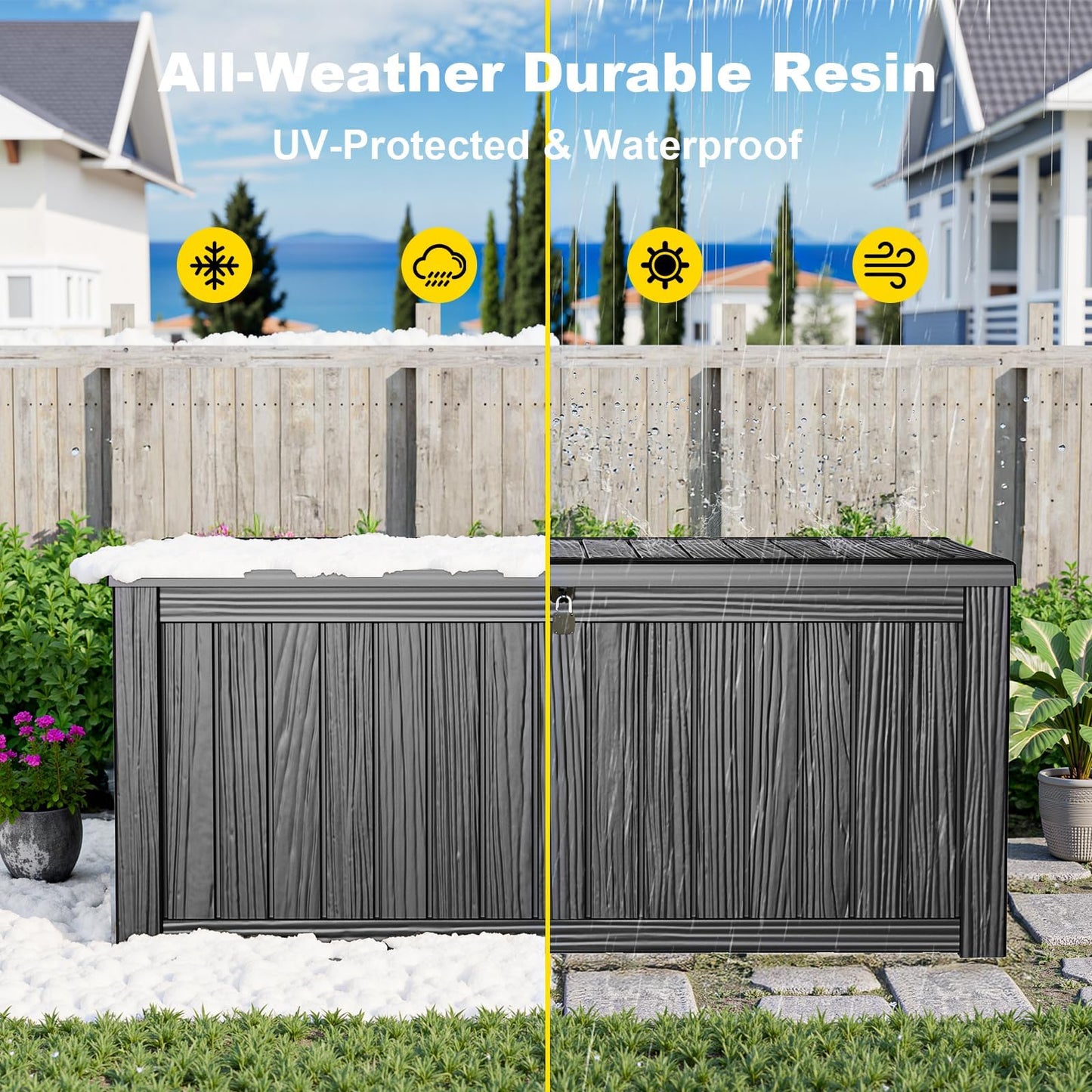 KFY 150 Gallon Large Outdoor Storage Box Waterproof, UV Resistant Resin Deck Box with Hydraulic Rod & Lockable Latch for Patio Furniture, Outside Storage Box for Garden Tools, Patio Cushions, Black