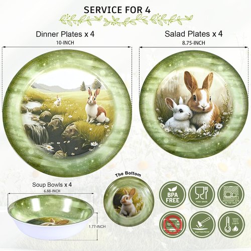 Green Bunny 12-Piece Melamine Dinnerware Set - Lightweight, Shatterproof Plates & Bowls for 4 | Ideal for Picnics & Outdoor Parties