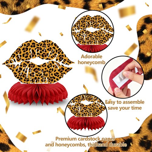 Cheetah Cherry Birthday Party Decorations Leopard Honeycomb Centerpieces Decor with Red and Black Cheetah Cherry Print Toppers Safari Animal Birthday Party Decorations Sulpplies for Women Girls