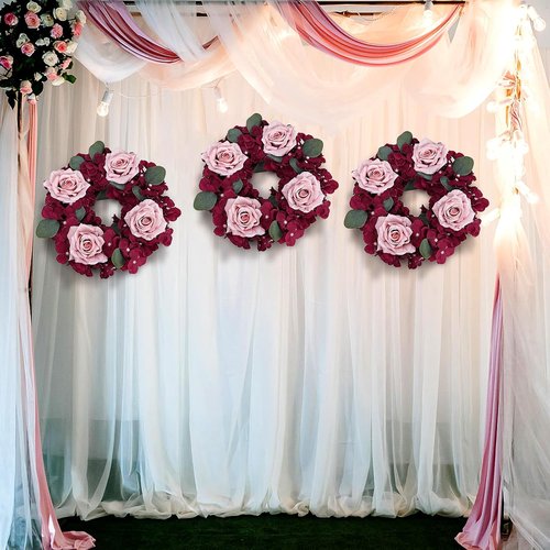 Artificial Flower Candle Rings - 6-Inch Rose Floral Wreaths with Butterflies for Wedding Centerpieces | Burgundy & Dusty Pink