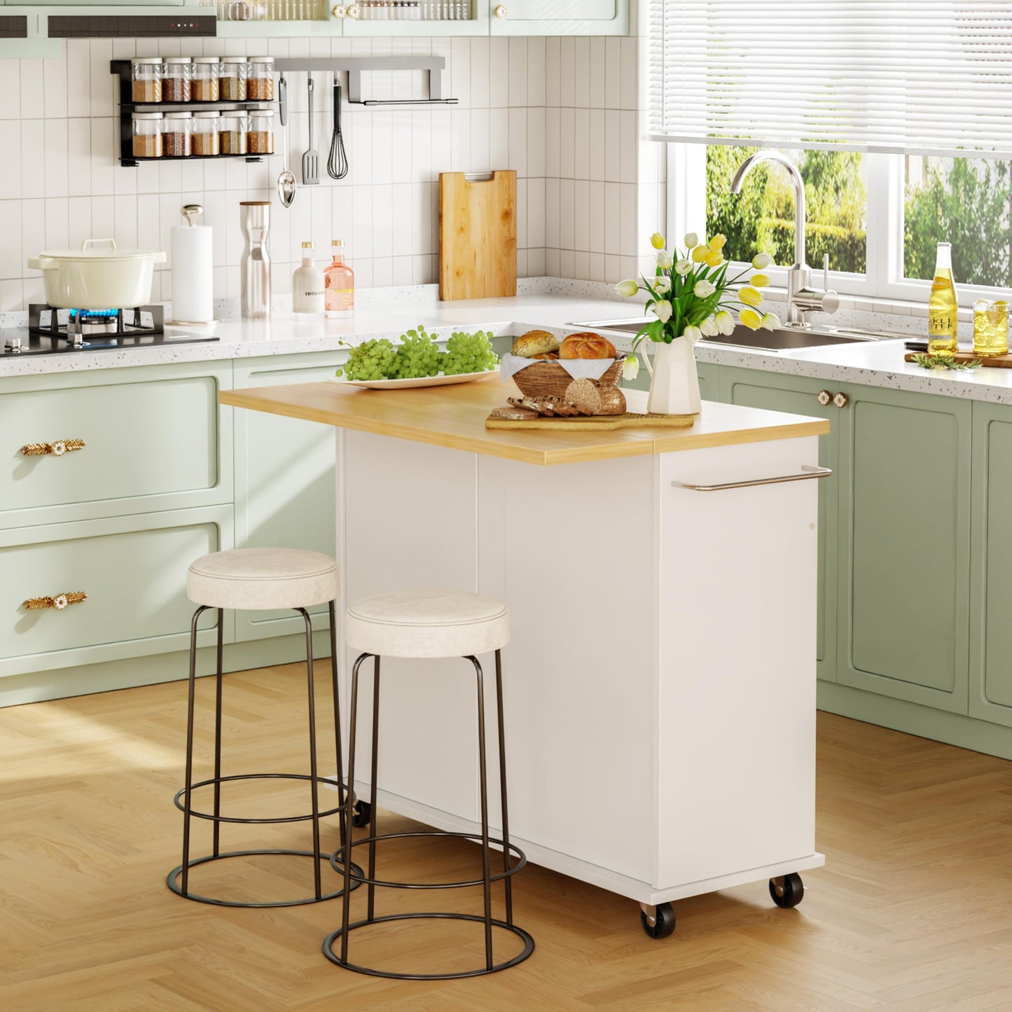 JY QAQA 39" Kitchen Island on Wheels with Storage Cabinet Kitchen Cart Cabinet with Shelves, Cart Handle for Towel Rack or Free Mobility, Portable Islands for Kitchen, White