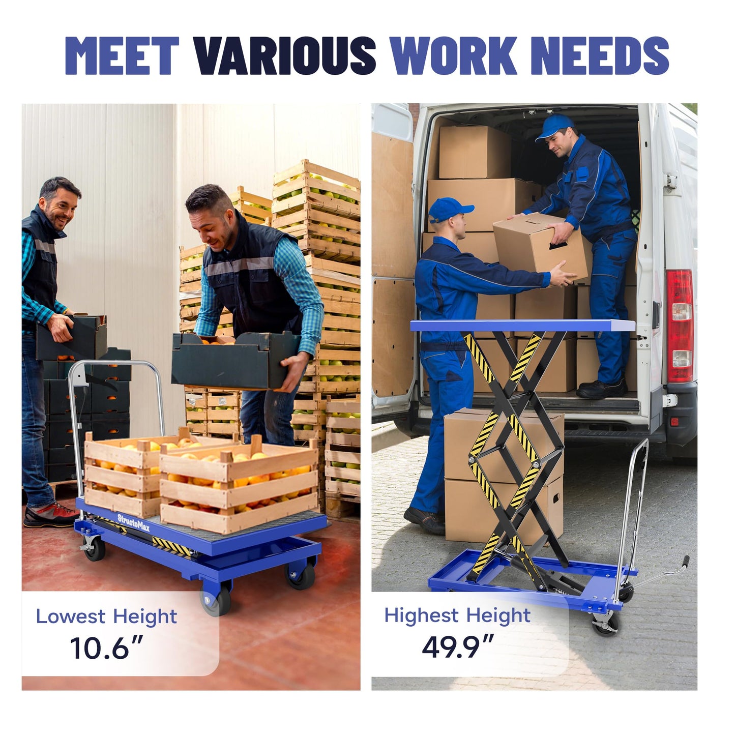 StructoMax Hydraulic Lift Table Cart - 330lbs Capacity, Easy Operation and Swivel Casters with Brakes - Double Scissor Lift for Material Handling and Transportation, Blue