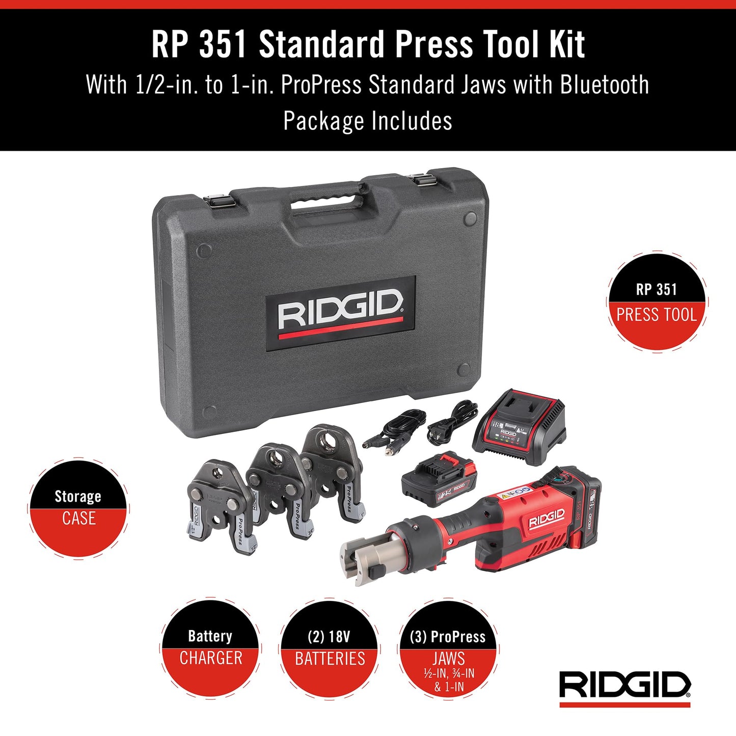 RIDGID 67183 Model RP 351 ProPress Standard Press Tool Kit with Battery, Charger, 1/2" to 1" Press Tool Jaws, and Carrying Case