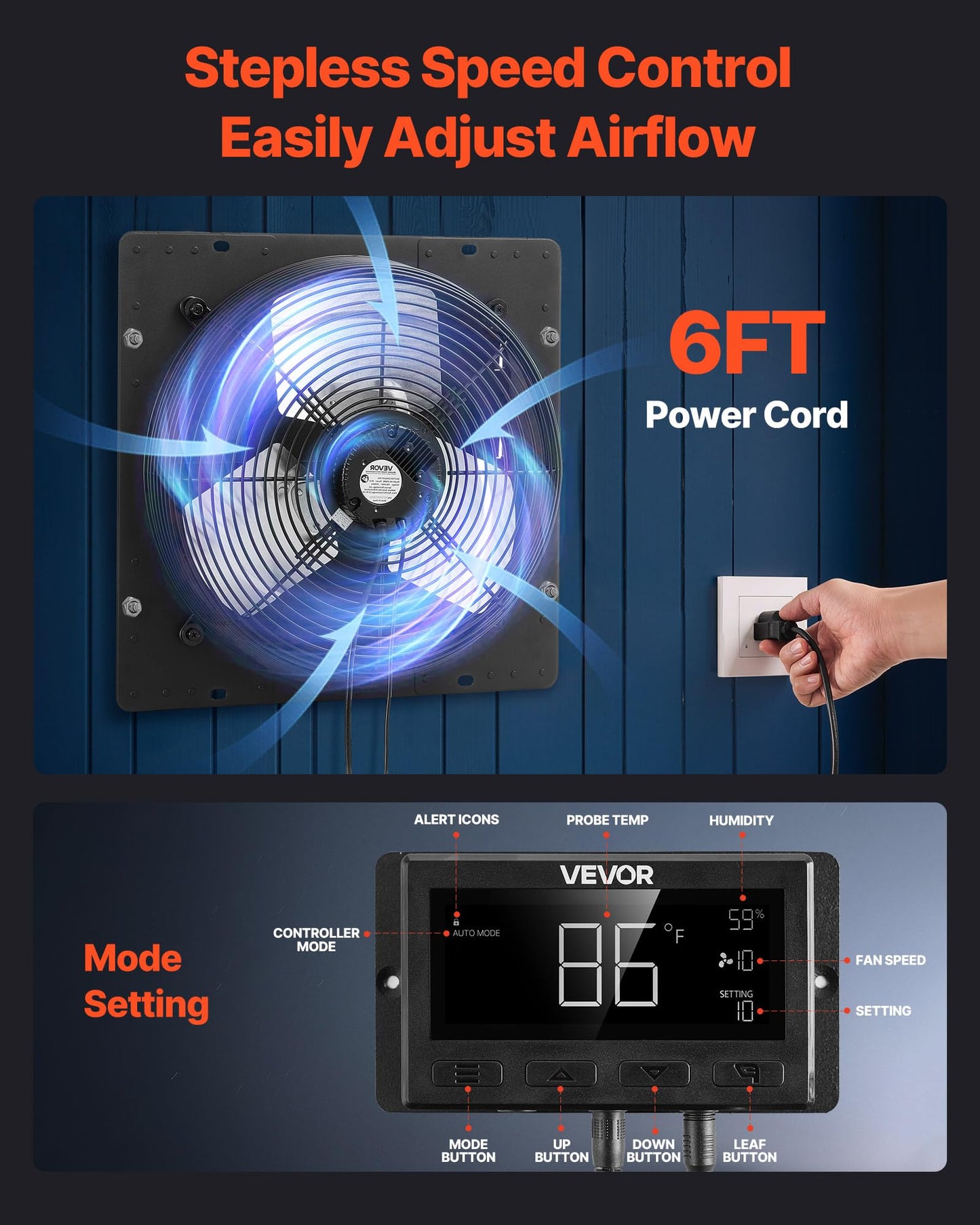 VEVOR 14 inch Exhaust Fan, Wall Mounted Attic Fan with Variable Speed, Temperature & Humidity Controller, 2000 CFM, Automatic Shutter