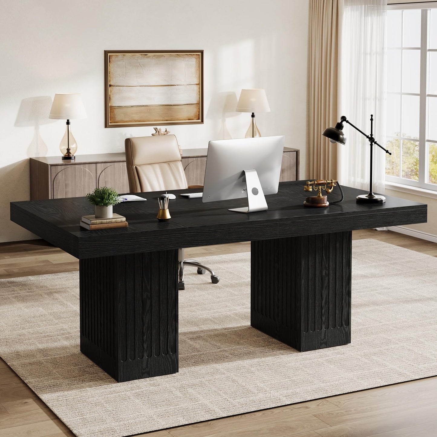 Tribesigns 63 Inch Executive Desk, Modern Office Computer Desk with Double Pedestal, Simple Study Writing Table Business Furniture for Home Office, Black