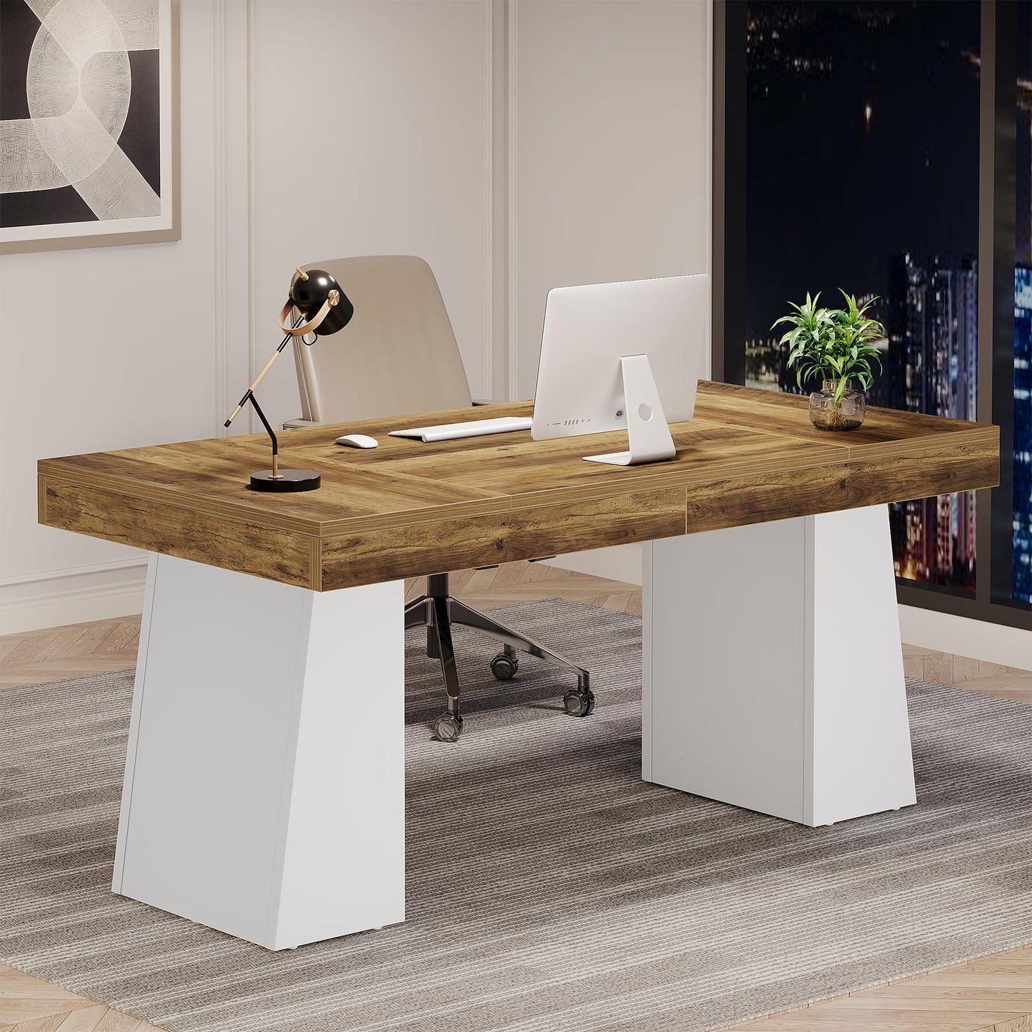 Tribesigns 55 Inches Executive Desk, Mid-Century Modern Home Office Desk, Wood Computer Table Business Workstation Small Conference Table, White & Brown