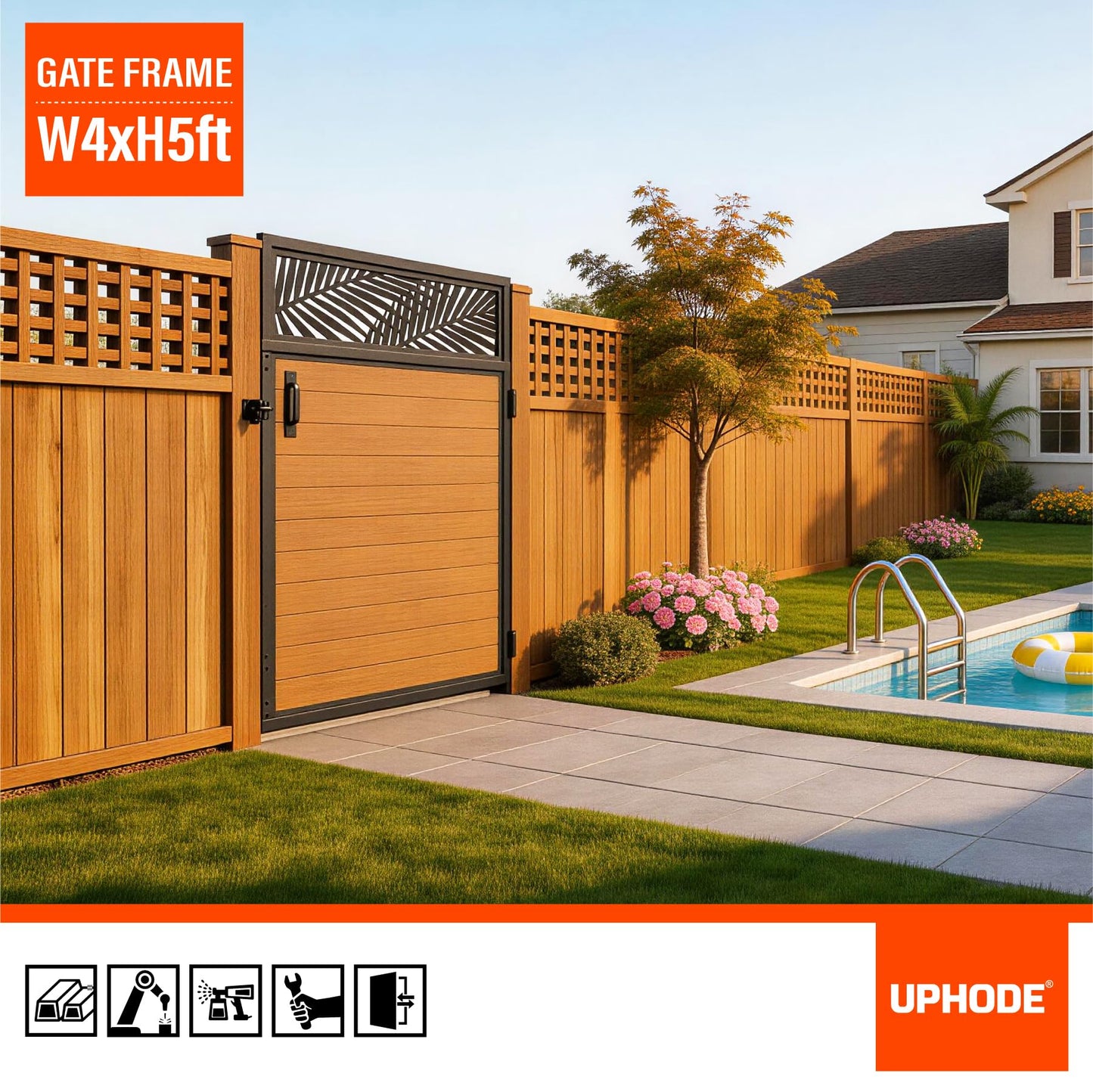 Uphode 4x5FT(46.8" x 59") 201 Stainless Steel Fence Gate Kit Heavy Duty, Anti Sag Metal Fence Gate Frame Kit with Aluminum Board, Morden Garden Gate Hardware Kit Outdoor (Left/Right Free-Installation)