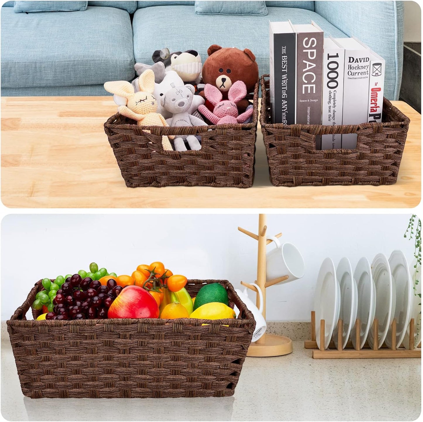 Onlytak Large Wicker Storage Basket Set - Washable & Waterproof Metal Frame | 15" x 10.3" x 5.2" - Brown