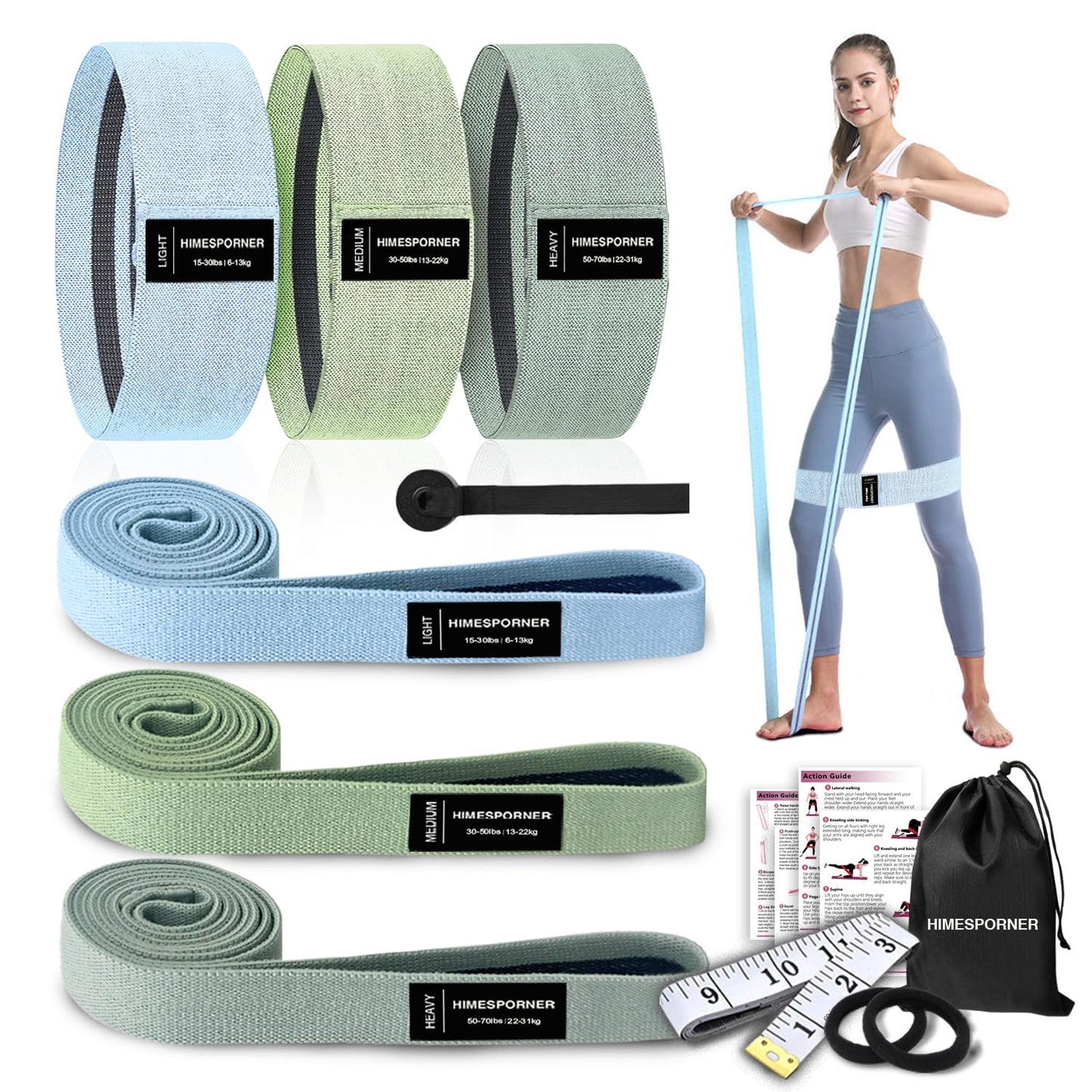 HIMESPORNER 9 PCS Fabric Resistance Bands Set for Working Out, Non-Slip Exercise Booty Bands for Women & Men Leg and Glutes with Hair Ties and Tape Measure - for Home Gym Workout, Yoga, Pilates
