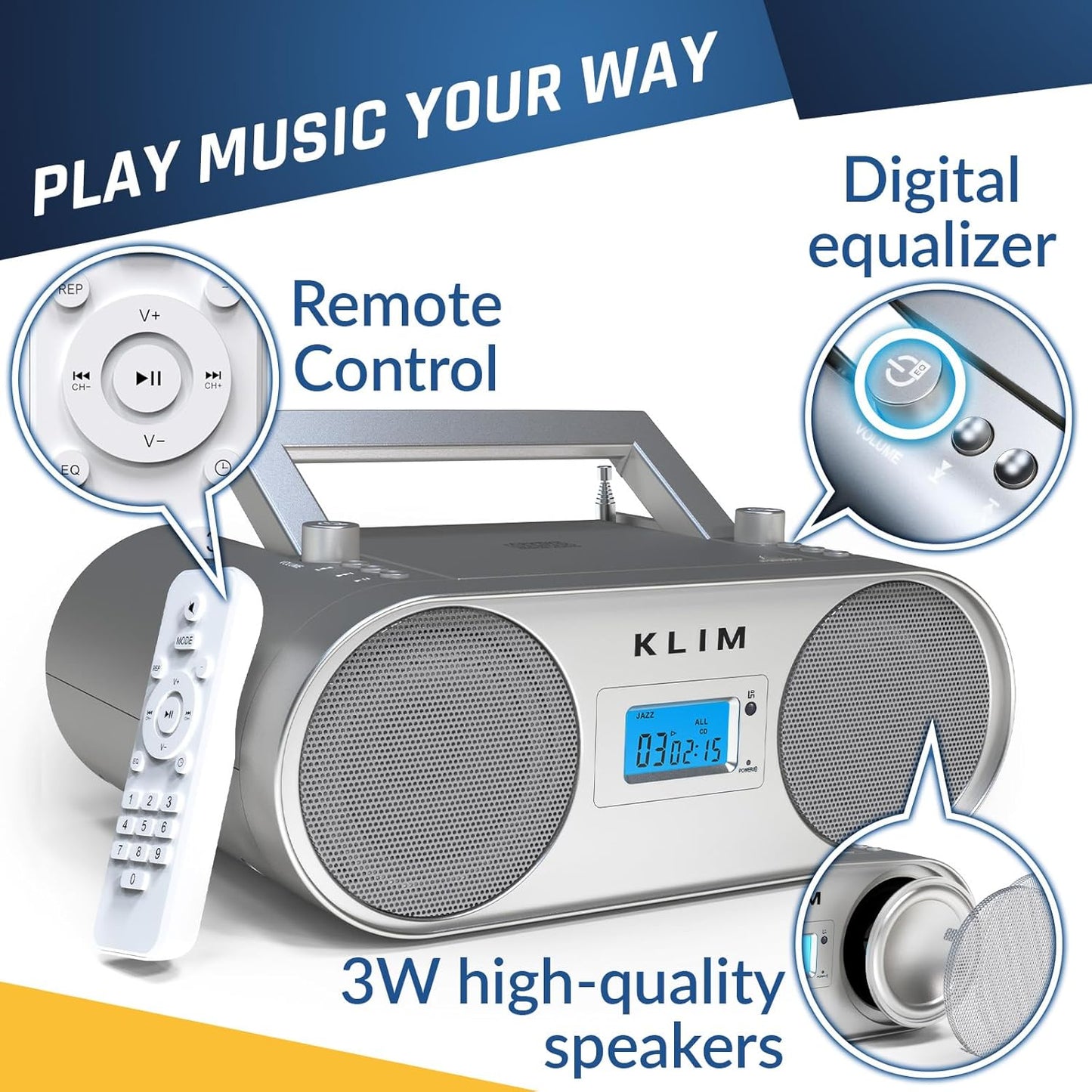KLIM B4 MP3, Boombox CD Player Portable Audio System - AM/FM Radio with CD Player, Bluetooth, AUX, USB - Wired