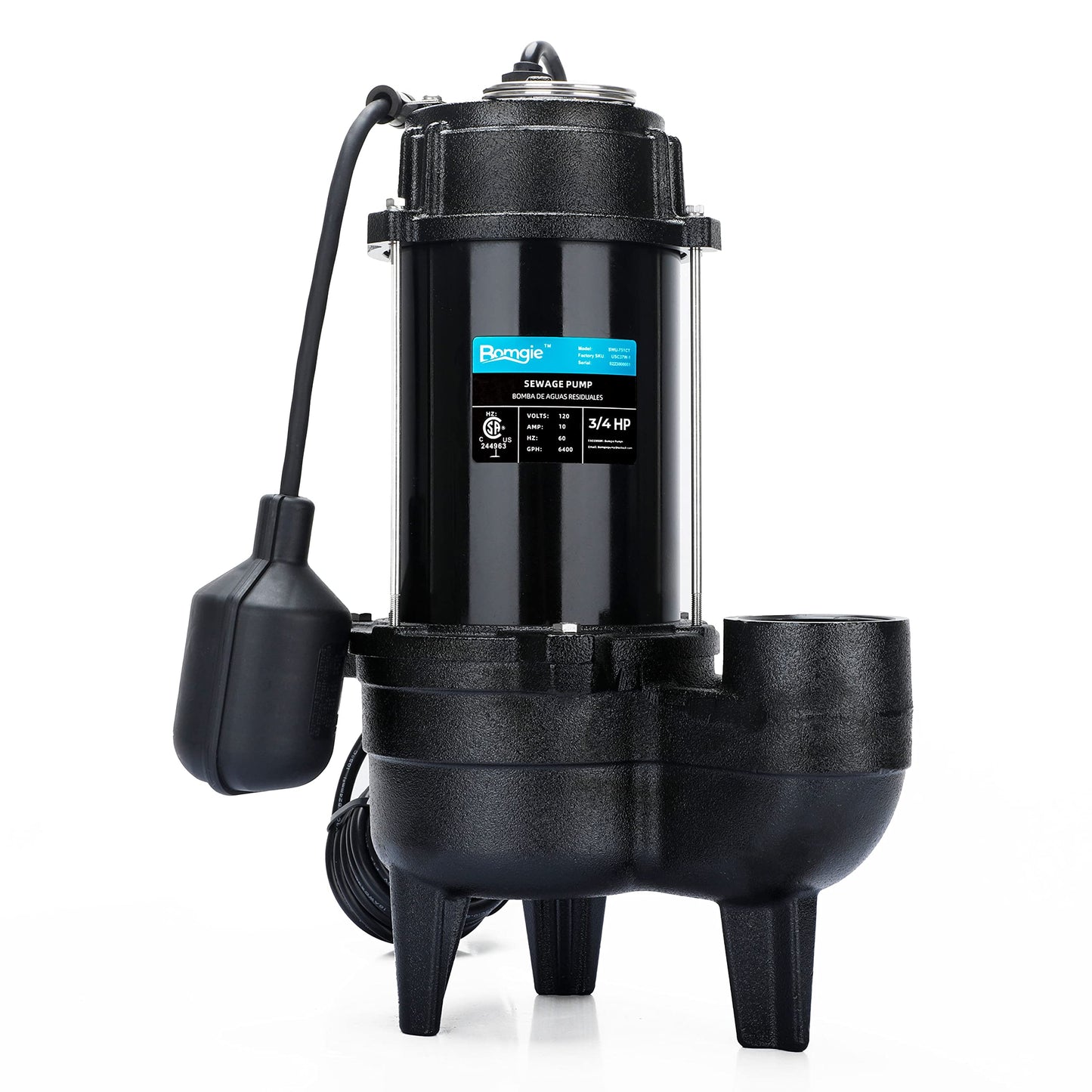 BOMGIE Sewage Pump, Cast Iron Effluent Pump, Automatic Tethered Float Switch, Sewage Sump Pump for Sump Basin, Basement, Residential Sewage, 2'' NPT Discharge, Dark