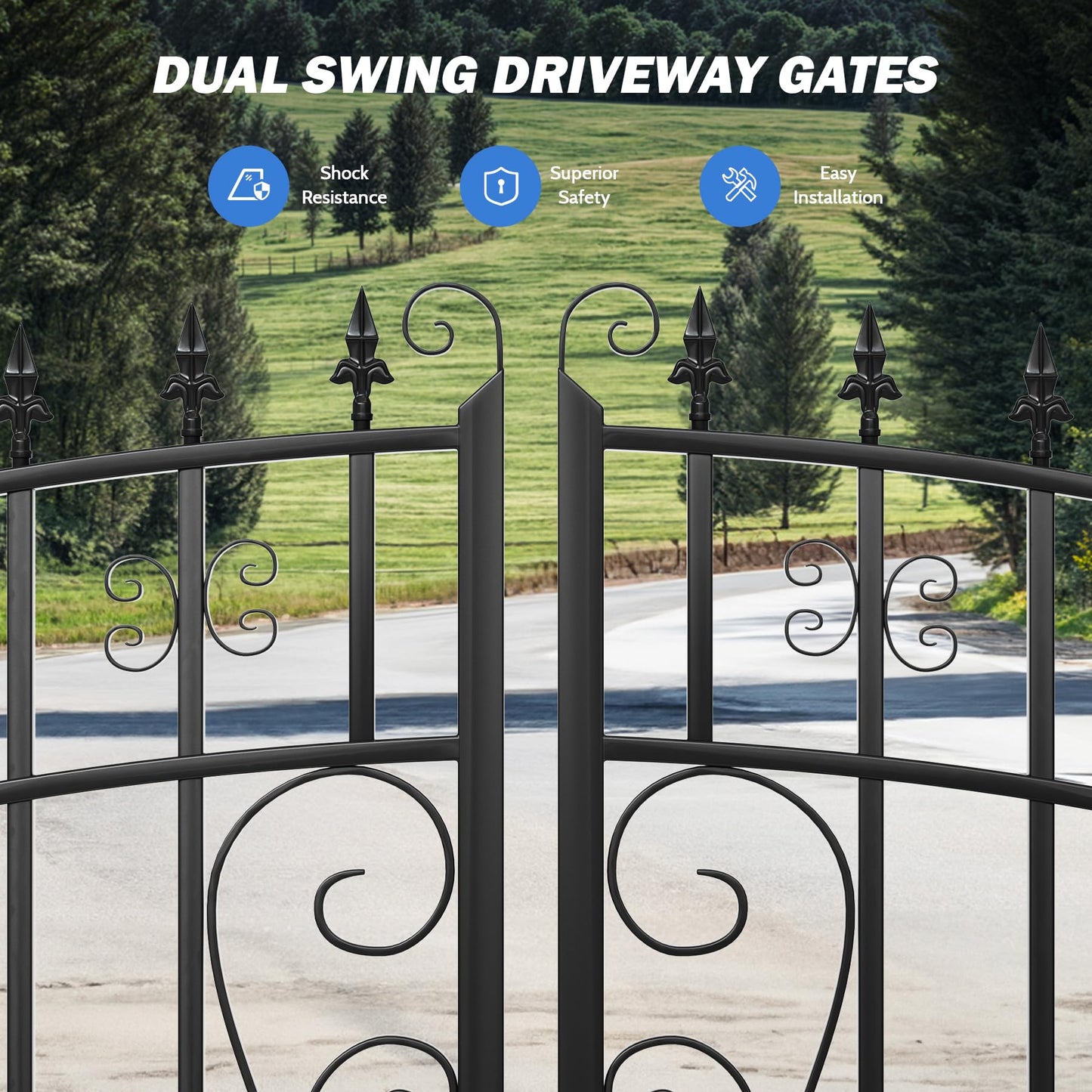 ZUMI Dual Swing Driveway Gates, 14x6 ft. Outdoor Steel Swing Gates for Driveway, Heavy-Duty Driveway Fence Gates for Home Security, Weatherproof Iron Security Gate Kit for Outdoor, Greerwich Style