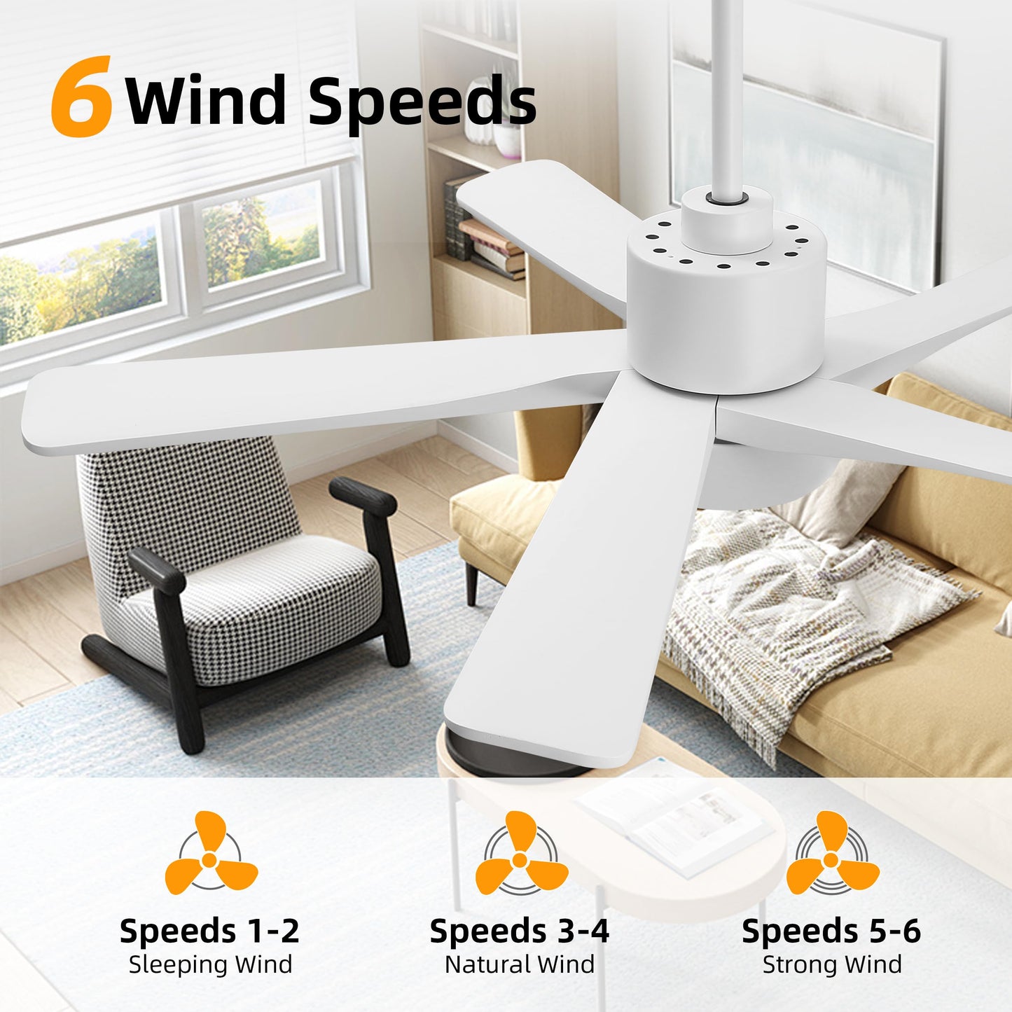 WINGBO 48 Inch DC Ceiling Fan with Lights and Remote Control, 5 Carved Solid Wood Blades, 6-Speed Noiseless Reversible DC Motor, Indoor Ceiling Fan in Gloss White Finish with White Blades