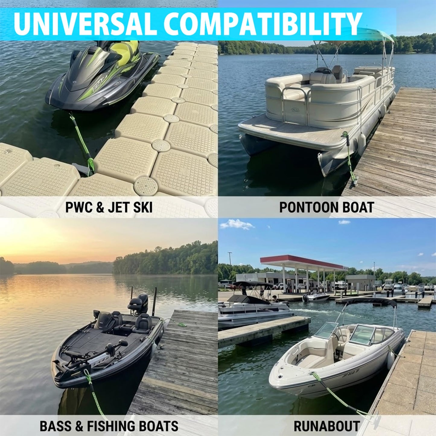 Obcursco Bungee Dock Lines for Boat, Docking Rope with 316 Stainless Steel Clips, Accessories for Jet Ski, PWC, SeaDoo, Pontoon, Center Console, Sets of Two(4ft & 6ft) (Green/Yellow)