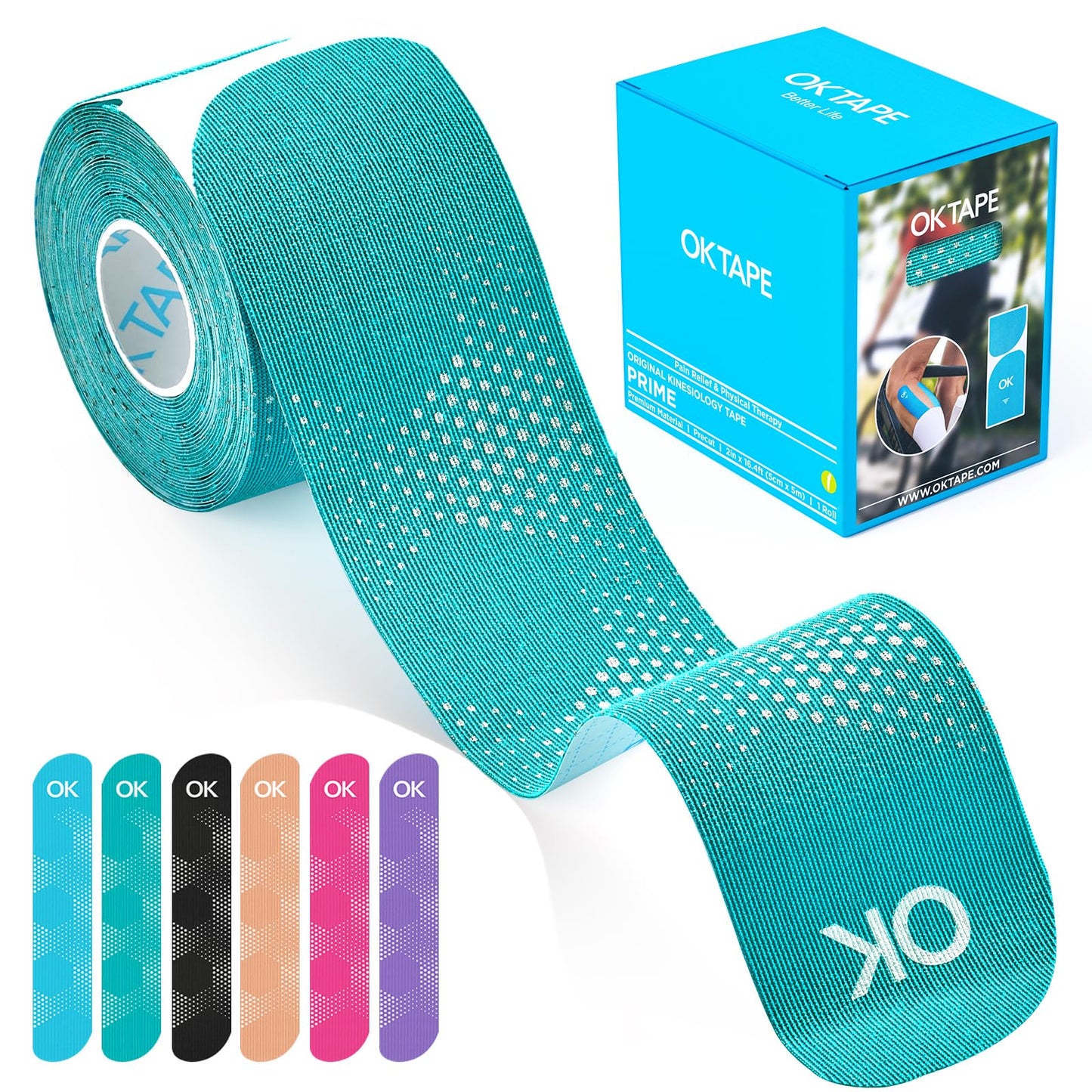 OK TAPE Synthetic Kinesiology Tape Precut Strips, Waterproof Elastic Athletic Tape for Pain Relief & Muscle Support, Reflective Design, 2in×16.4ft Roll, 20 PCS -Cyan
