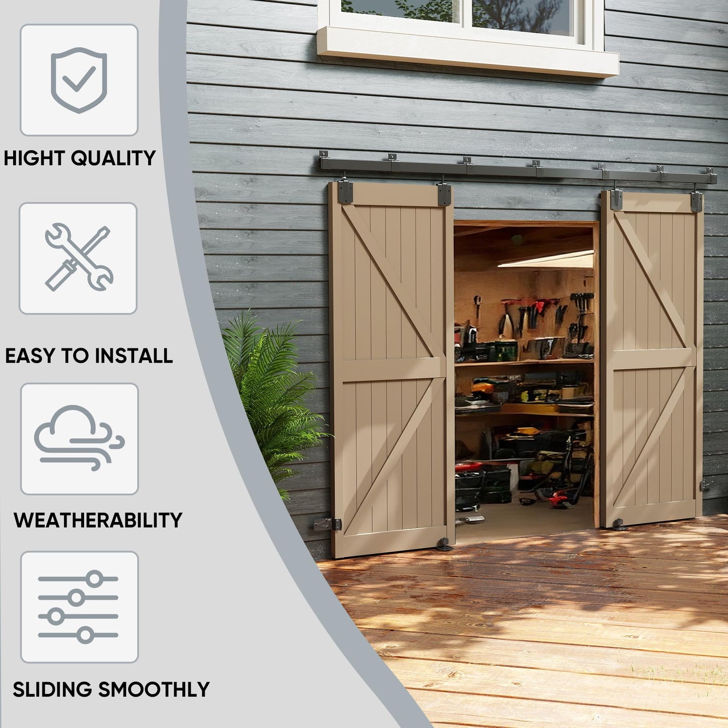 JUBEST 12FT Box Rail Exterior Barn Door Hardware Kit, Heavy Duty Sliding Door Track Kit Wall Mount Door Hardware Kit for Two Doors System(Doors Not Included), Black