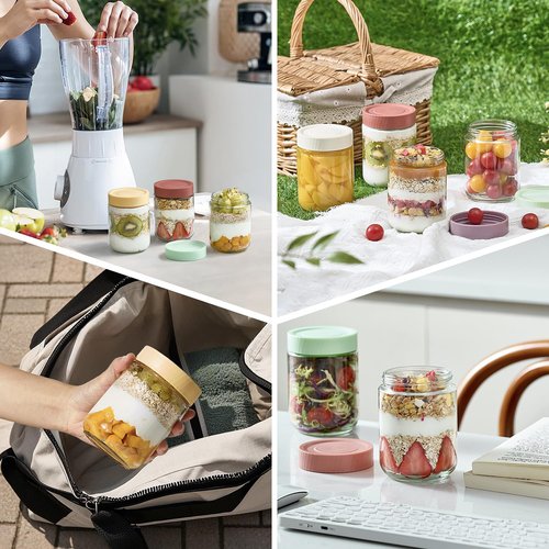 Danmu 16 oz Overnight Oats Containers with Lids,Meal Prep Containers 6 Pack,Mason Jars 16 oz with Lids for Snack,Overnight Oats,Yogurt,Parfait,Soup,Smoothies,Salad 100% Leak-proof Dishwasher Safe