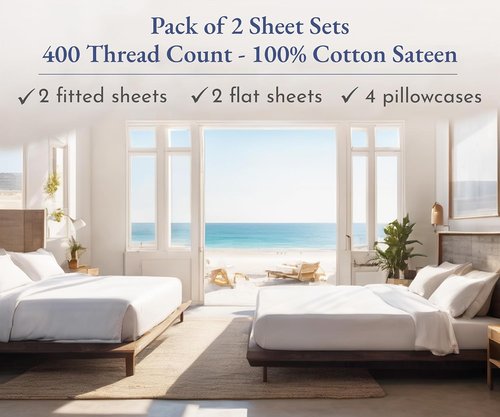 California Design Den Queen Bedsheet Set - 400 Thread Count 100% Cotton Sateen - Soft, Breathable & Deep Pocket - Bright White, 2-Pack