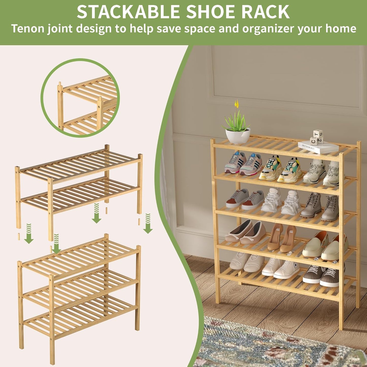 ROMGUAR CRAFT 3-Tier Bamboo Shoe Rack - Stackable Wood Storage Organizer for Small Spaces | 27"x11"x20" (Natural)
