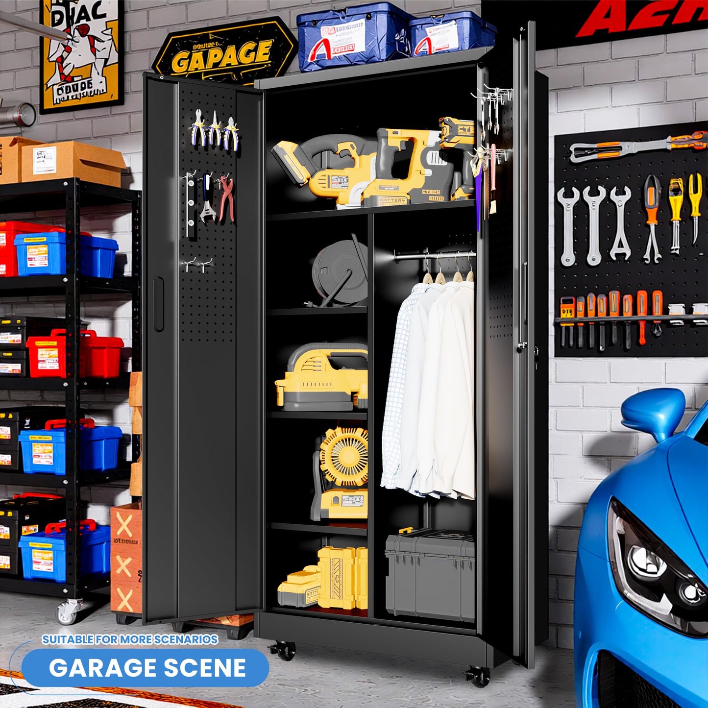 BIZOEIRON Metal Garage Storage Cabinet with Pegboard and Hanging Rod, 71'' Tall Metal Broom Closet Storage Cabinets, Rolling Tool Cabinet on Wheels for Garage, Utility Room (Black)