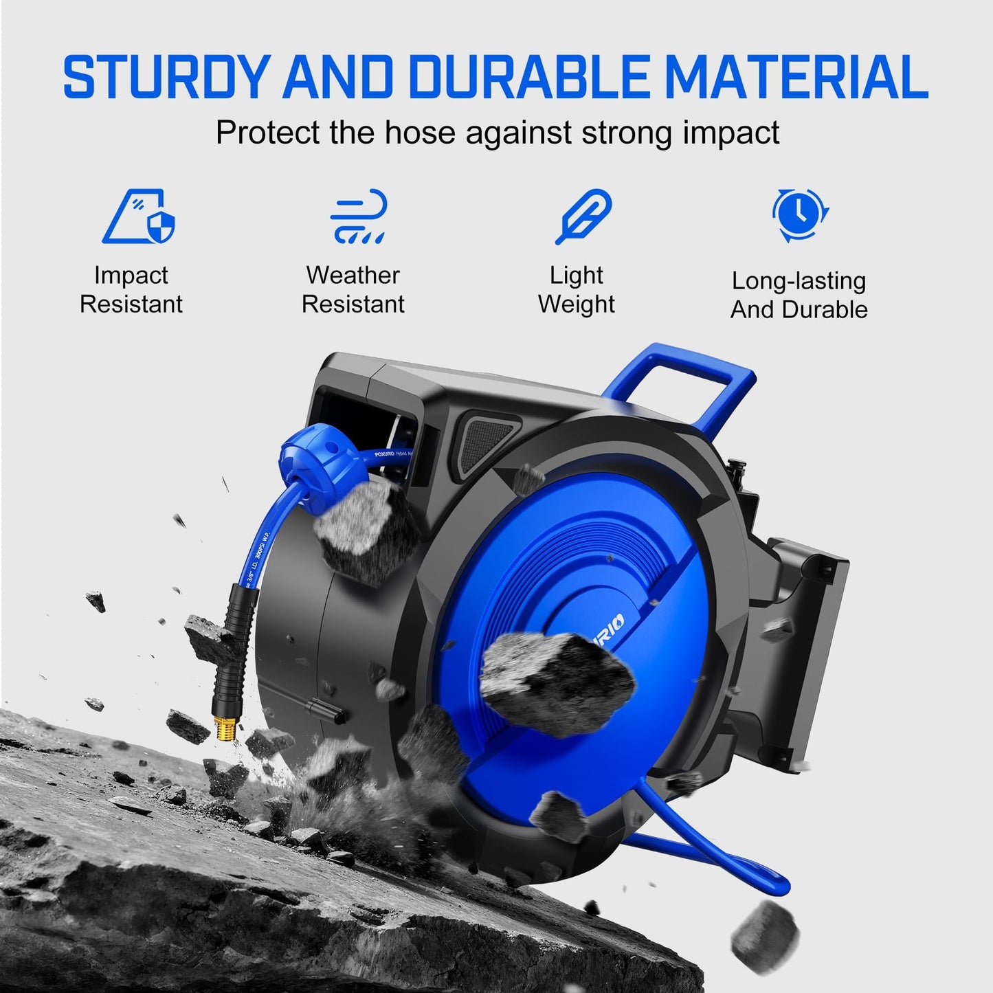 POXURIO 120FT+6.5FT Retractable Air Hose Reel, 5/16" Hybrid Air Hose, Air Compressor Hose Reel with Max 300 PSI Patented Design, Retractable Auto-Rewind Enclosed Heavy Duty 180° Swivel Mount