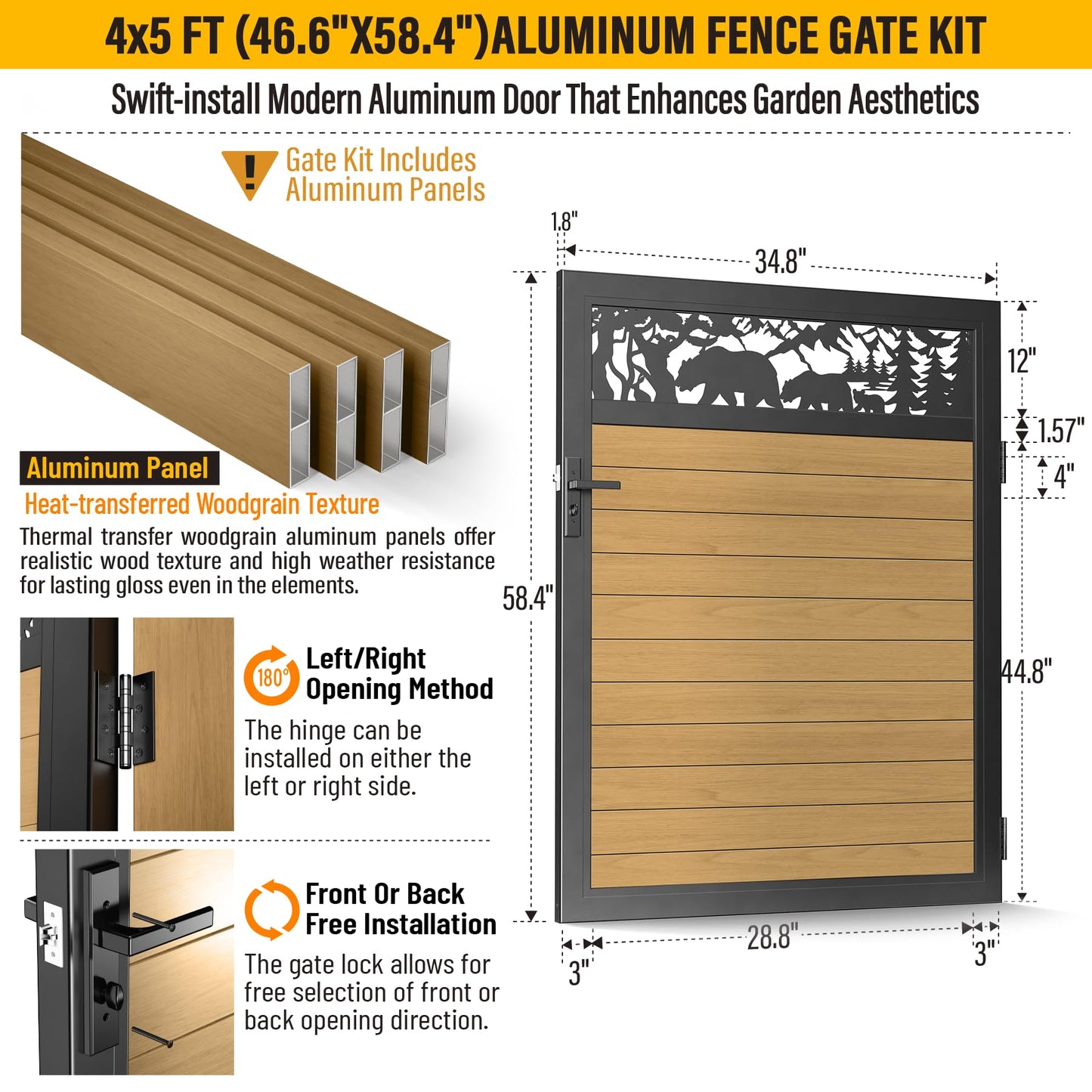 Brukid 4x5 FT Aluminum Fence Gate Kit Wood Grain Aluminum Gate with Decorative Cutout, Lock & Hinges, Left/Right Opening, Weather Resistant for Yard Garden Patio